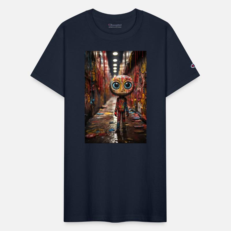 Cartoon Alley: Plastic Figure Amidst Vibrant Graff