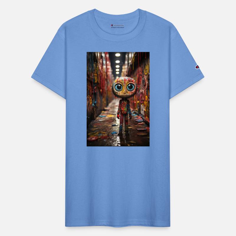 Cartoon Alley: Plastic Figure Amidst Vibrant Graff