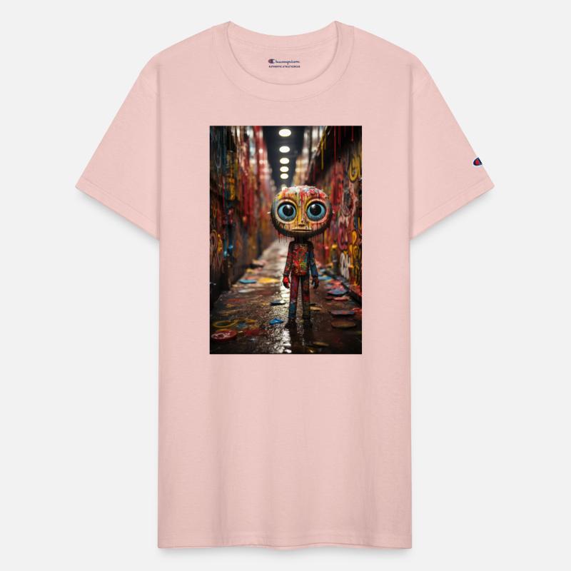 Cartoon Alley: Plastic Figure Amidst Vibrant Graff