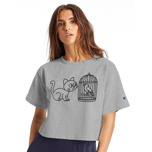 Cat Staring Into Birdcage Doodle Vector One Color