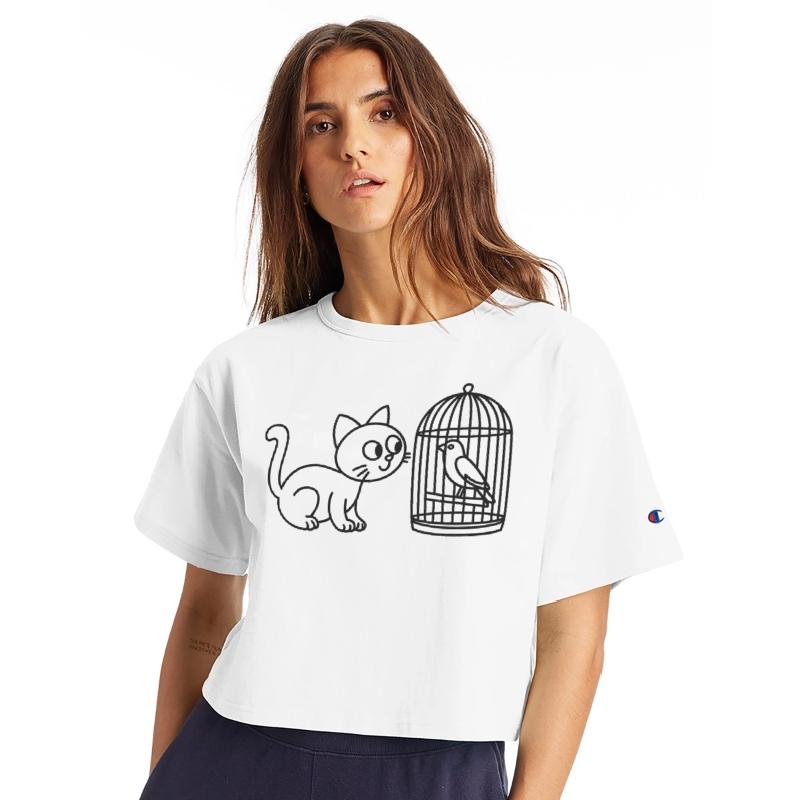 Cat Staring Into Birdcage Doodle Vector One Color