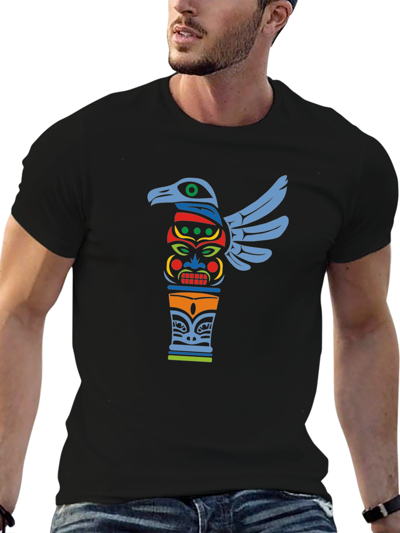 Tribal Totem Pole Graphic Tee - Black Cotton T-Shirt
