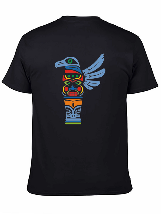 Tribal Totem Pole Graphic Tee - Black Cotton T-Shirt