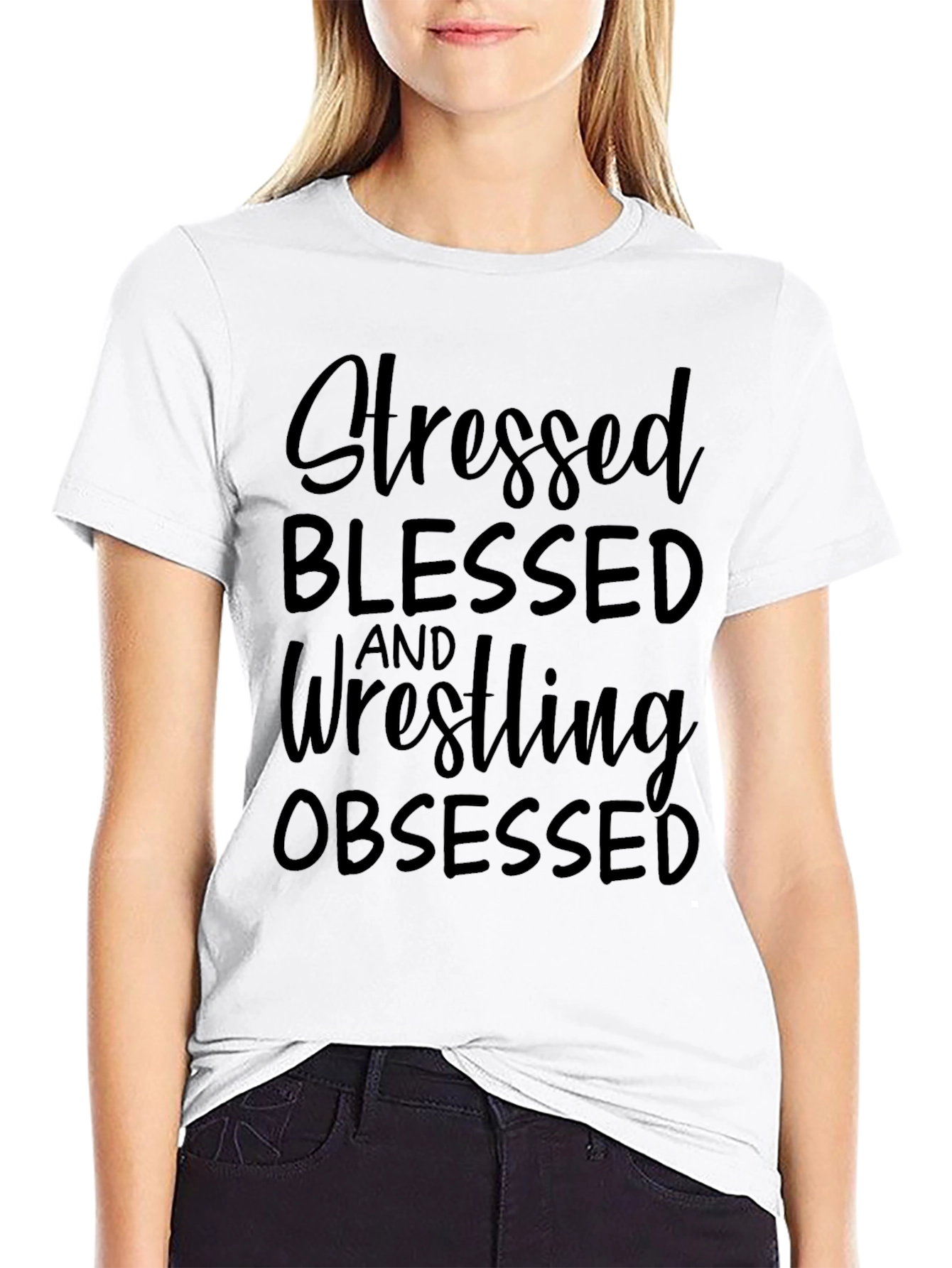 Stressed Blessed Wrestling Obsessed Black T-Shirt