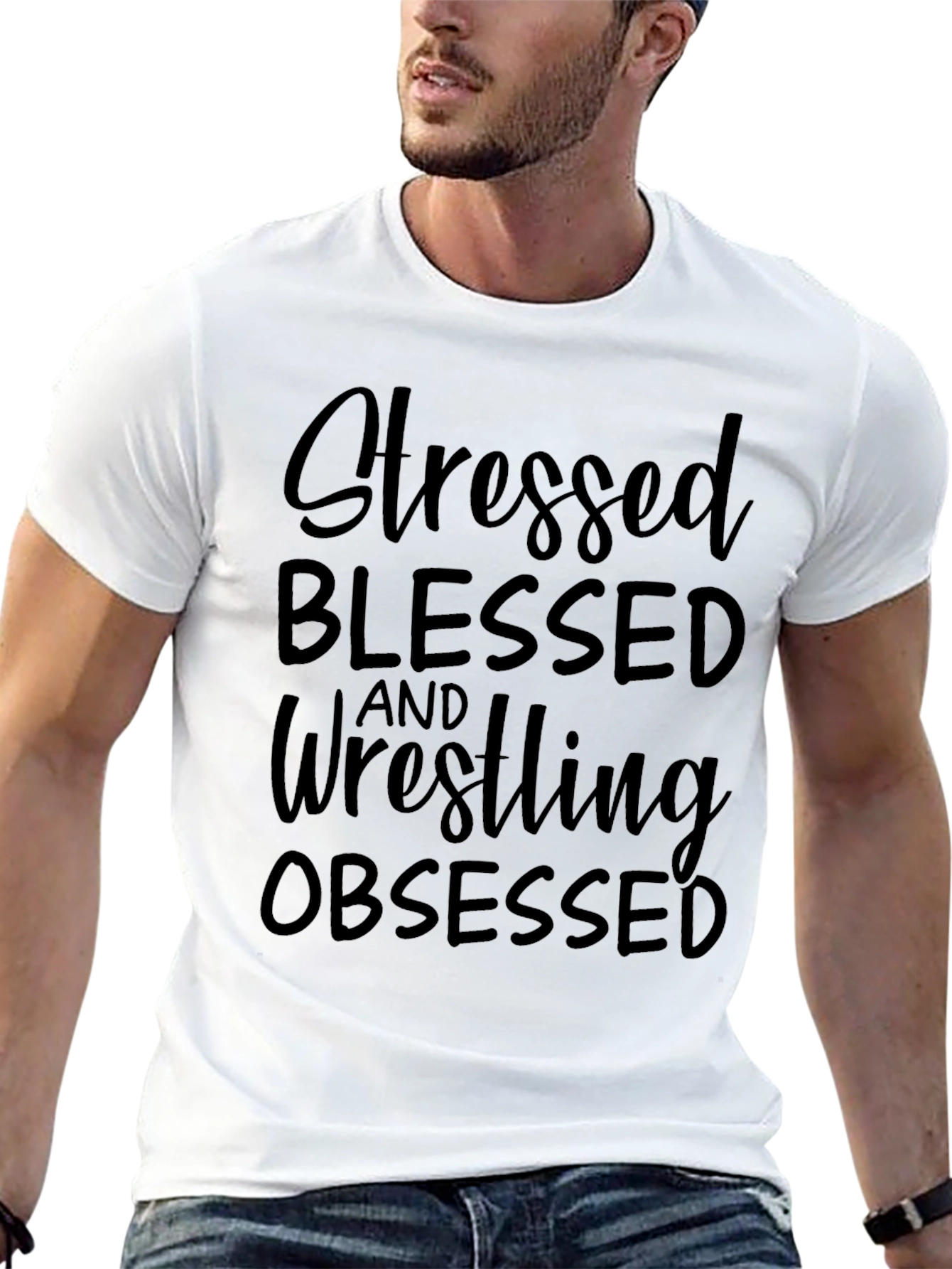 Stressed Blessed Wrestling Obsessed Black T-Shirt