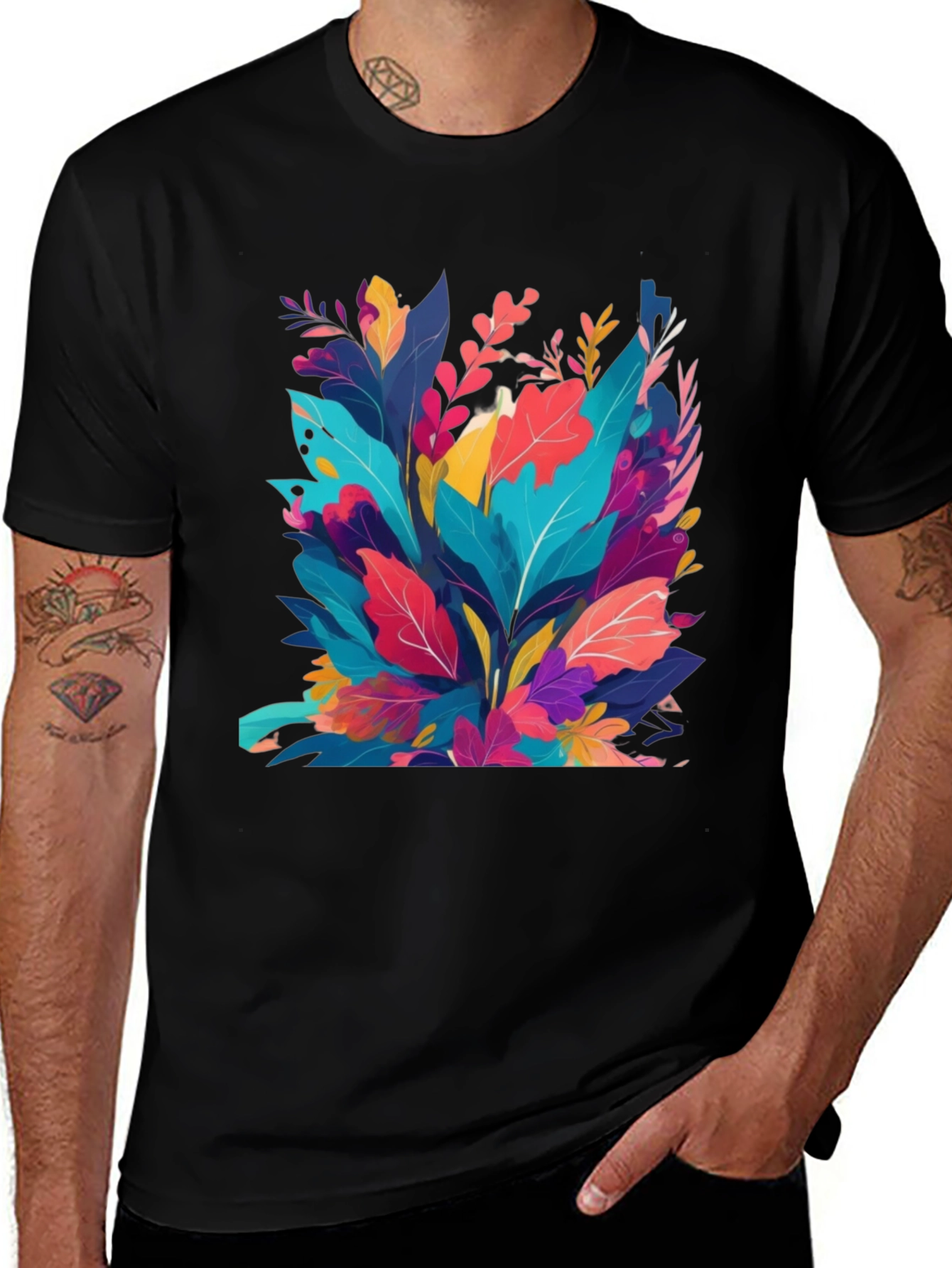 Vibrant Floral Print Black T-Shirt