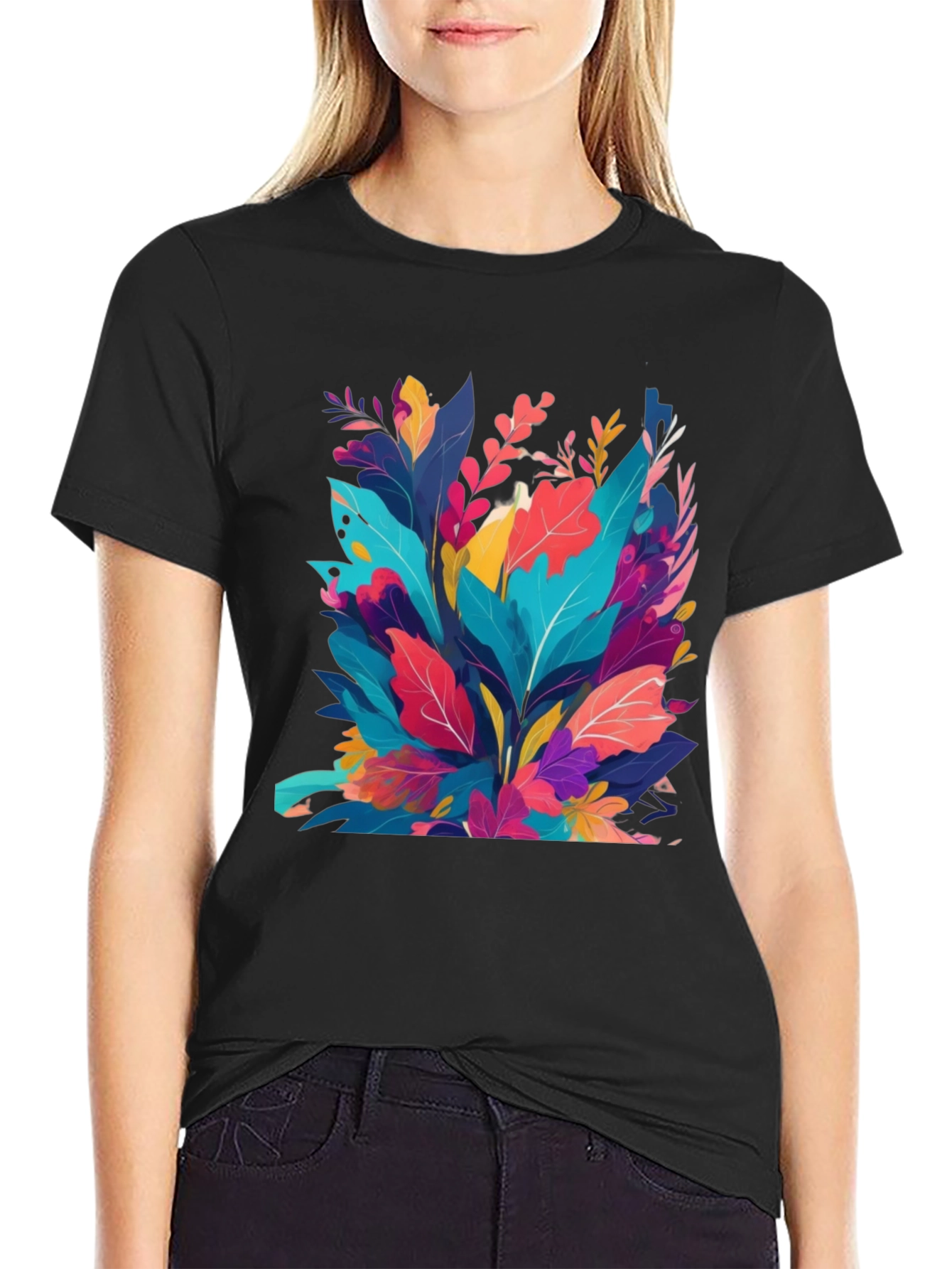 Vibrant Floral Print Black T-Shirt