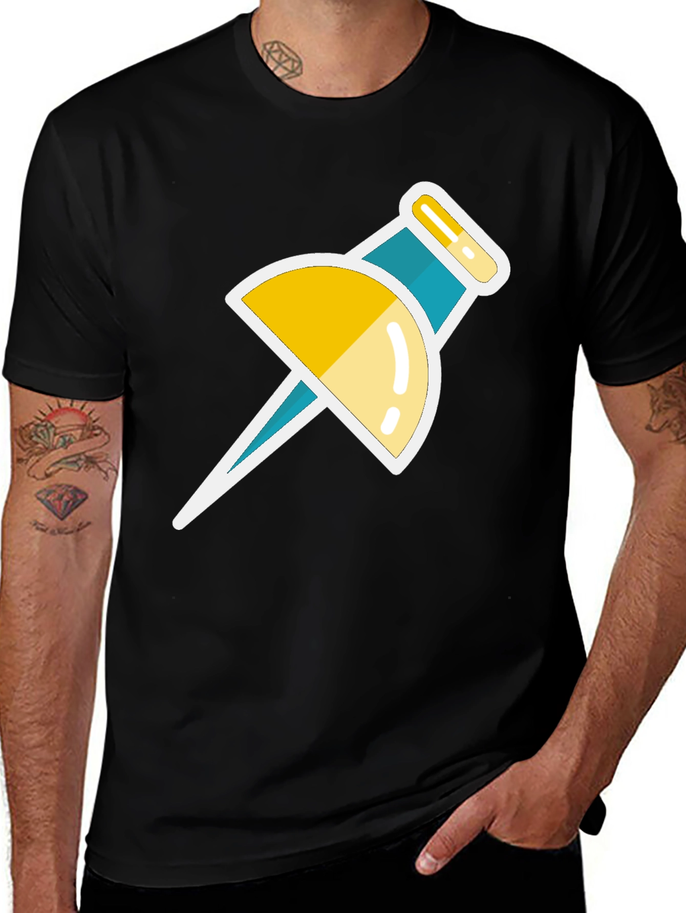 Trendy Push Pin Graphic Tee - Black Casual T-Shirt