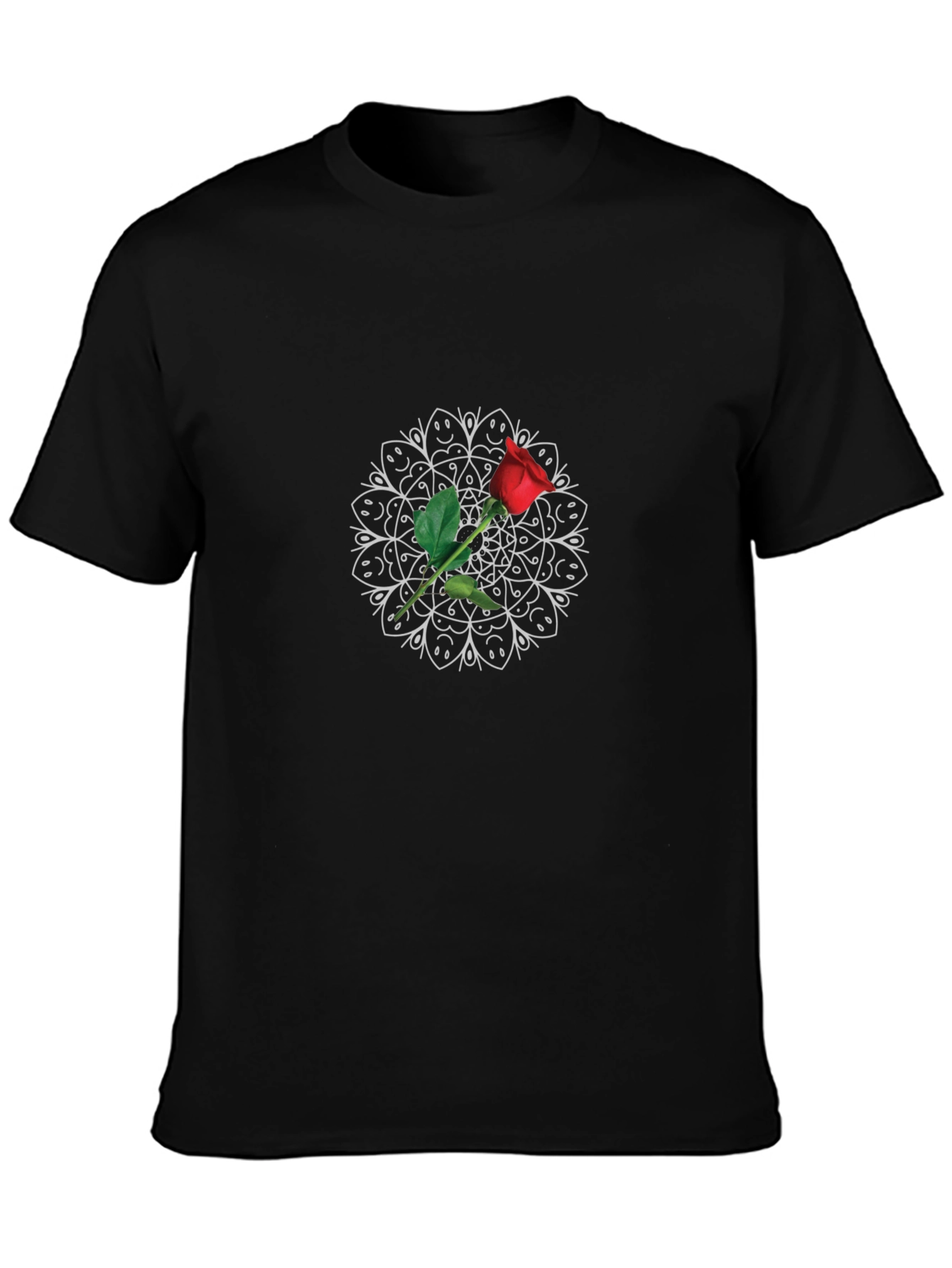 Black T-Shirt with Rose Mandala Design