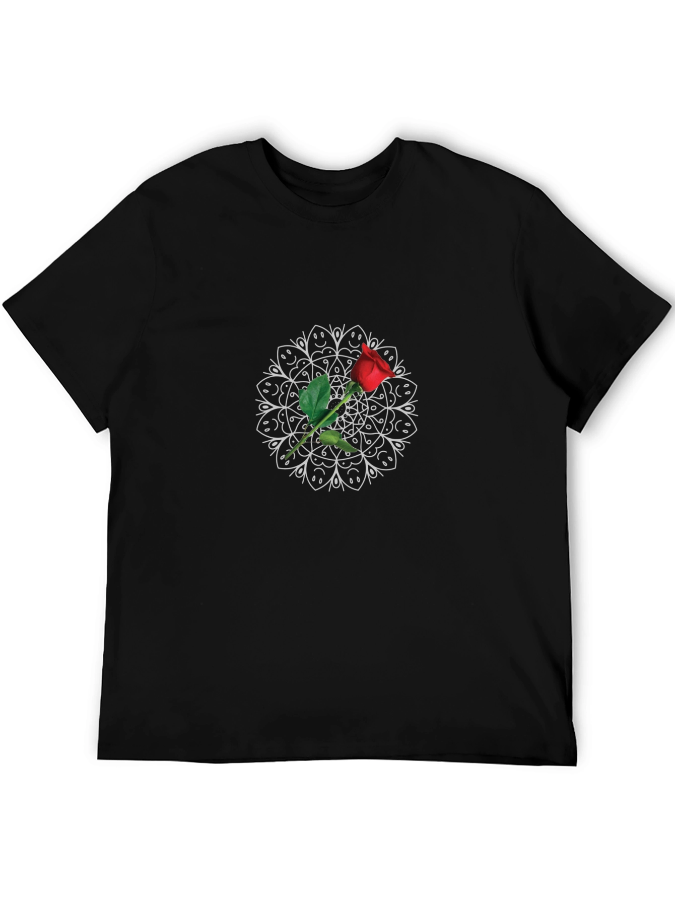Black T-Shirt with Rose Mandala Design