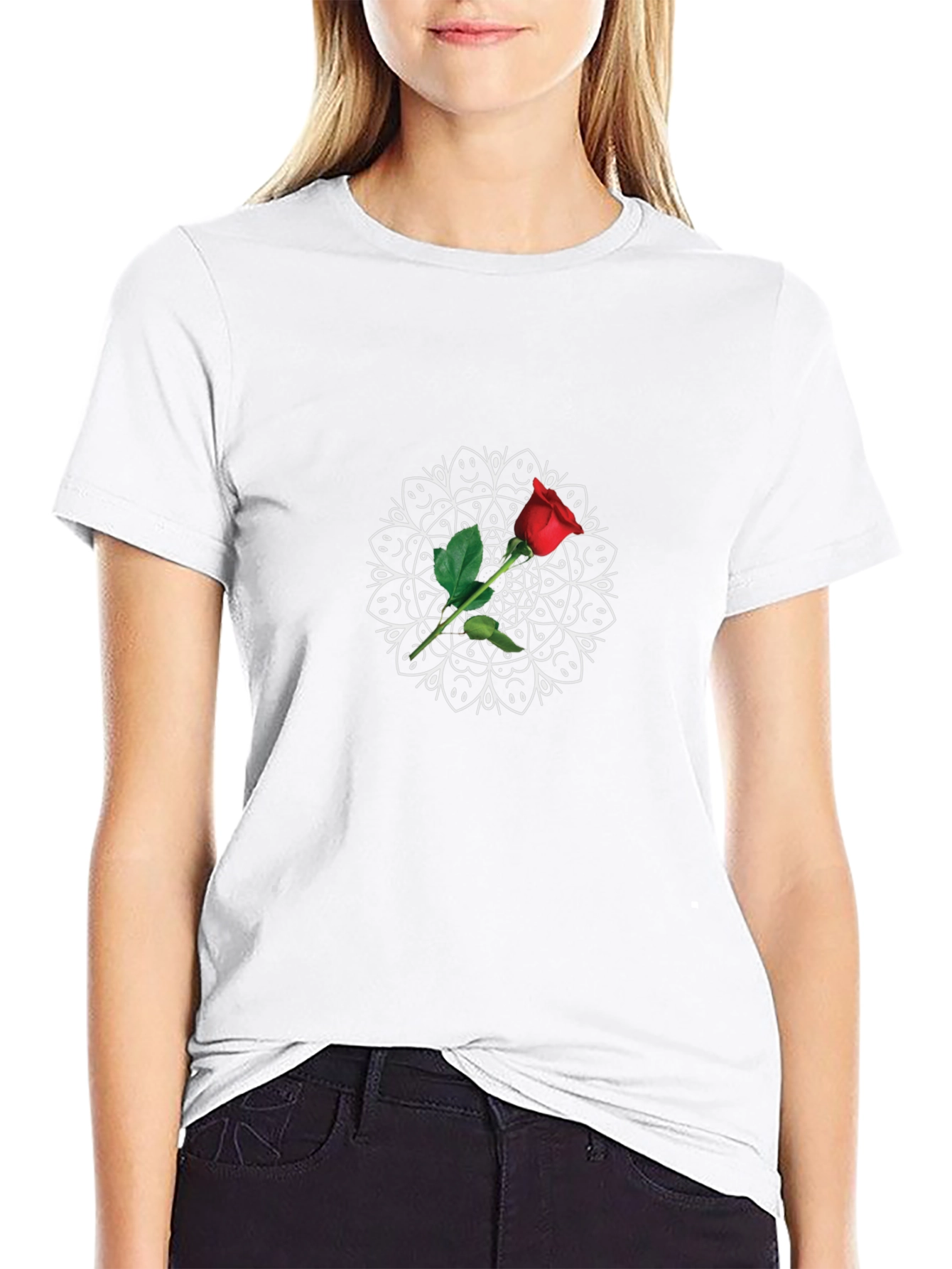 Black T-Shirt with Rose Mandala Design