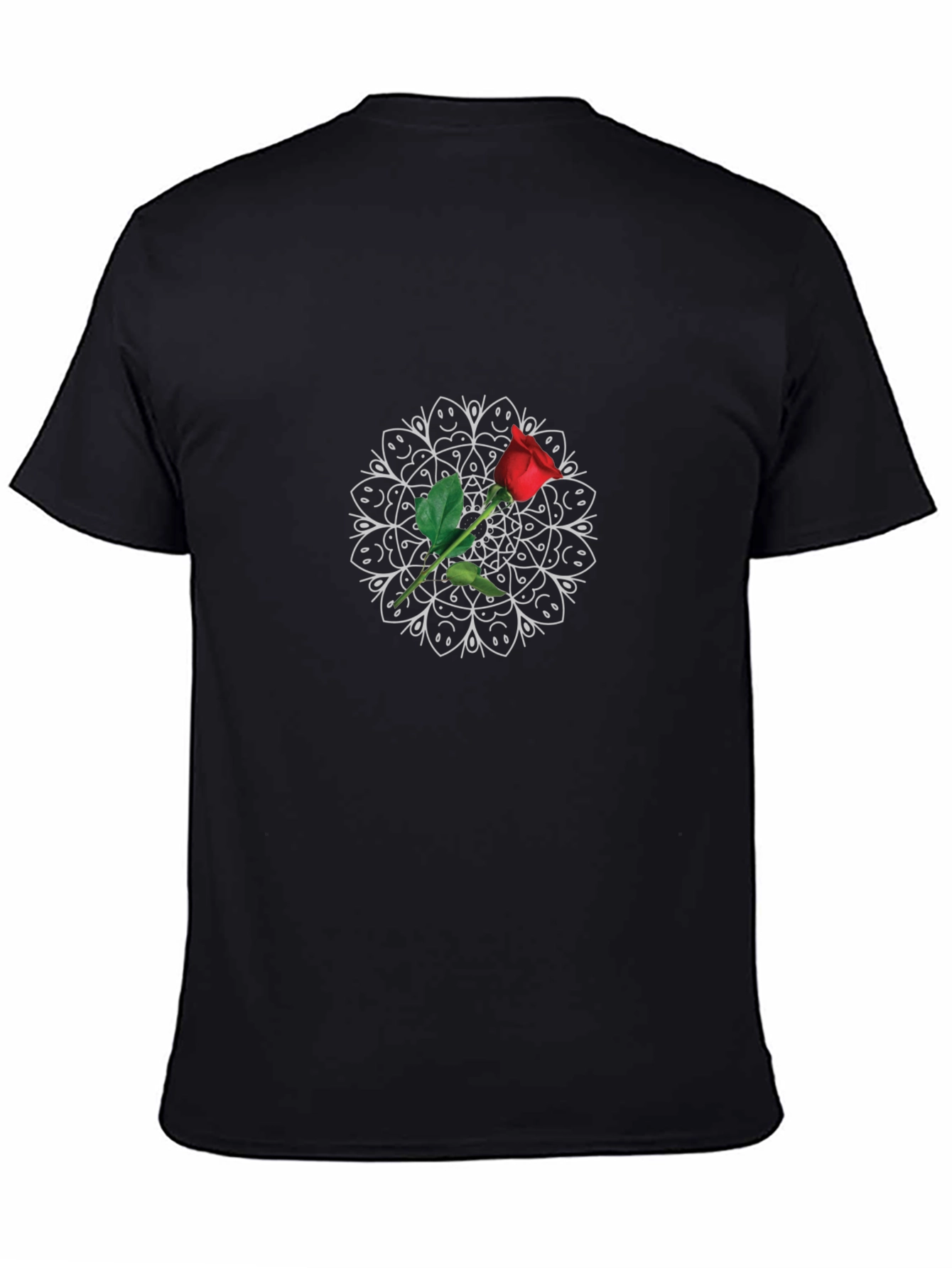 Black T-Shirt with Rose Mandala Design