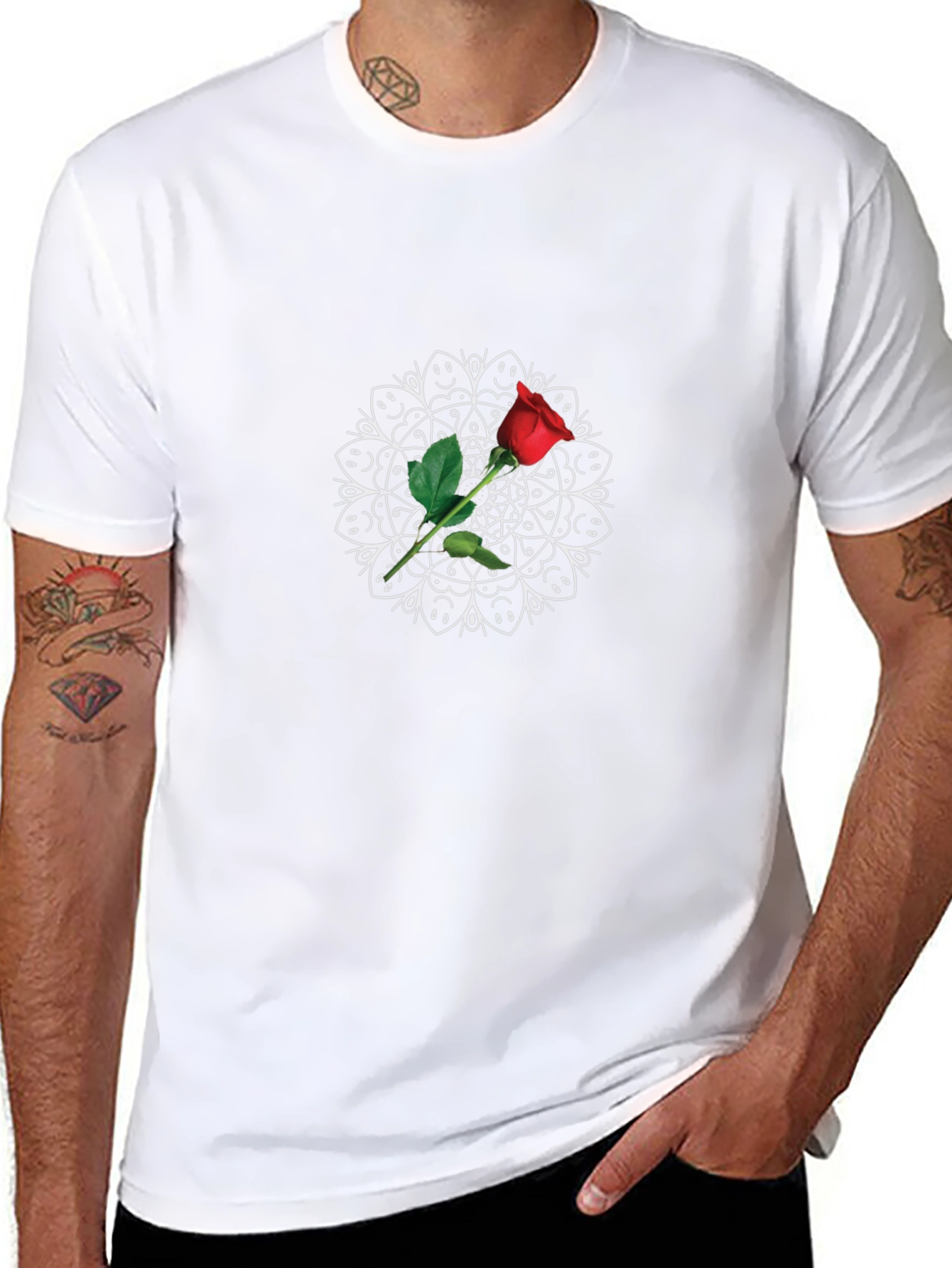 Black T-Shirt with Rose Mandala Design