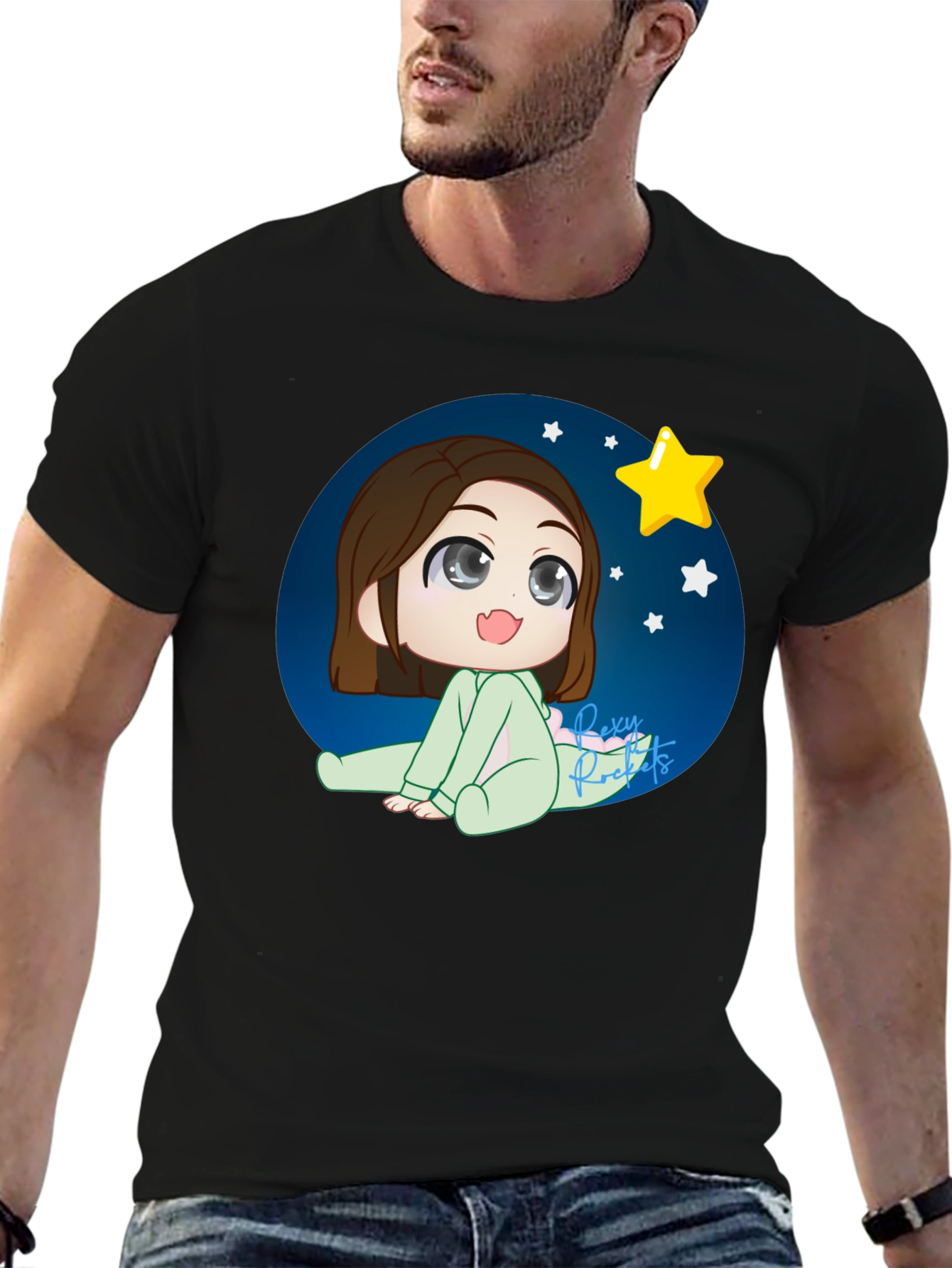 Anime Girl Starry Night Black T-Shirt