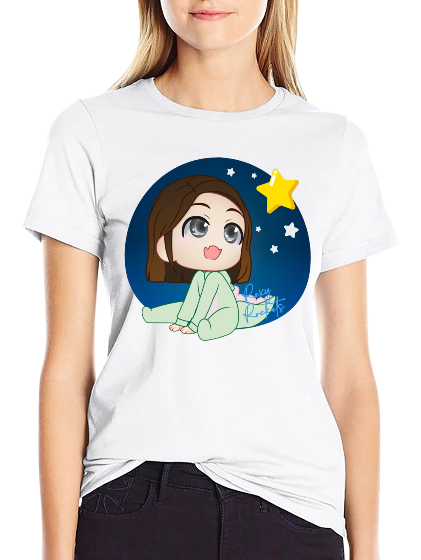 Anime Girl Starry Night Black T-Shirt