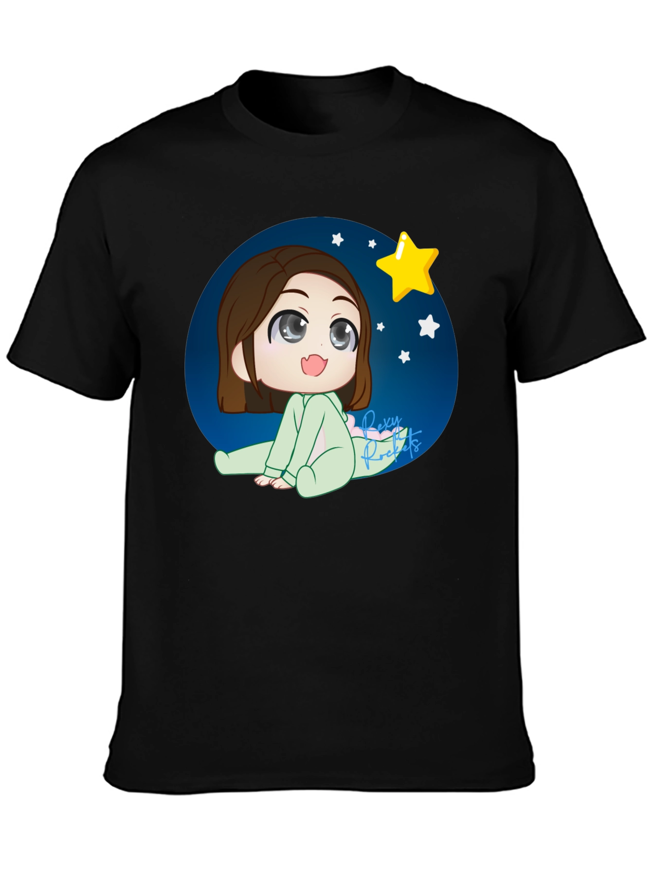 Anime Girl Starry Night Black T-Shirt