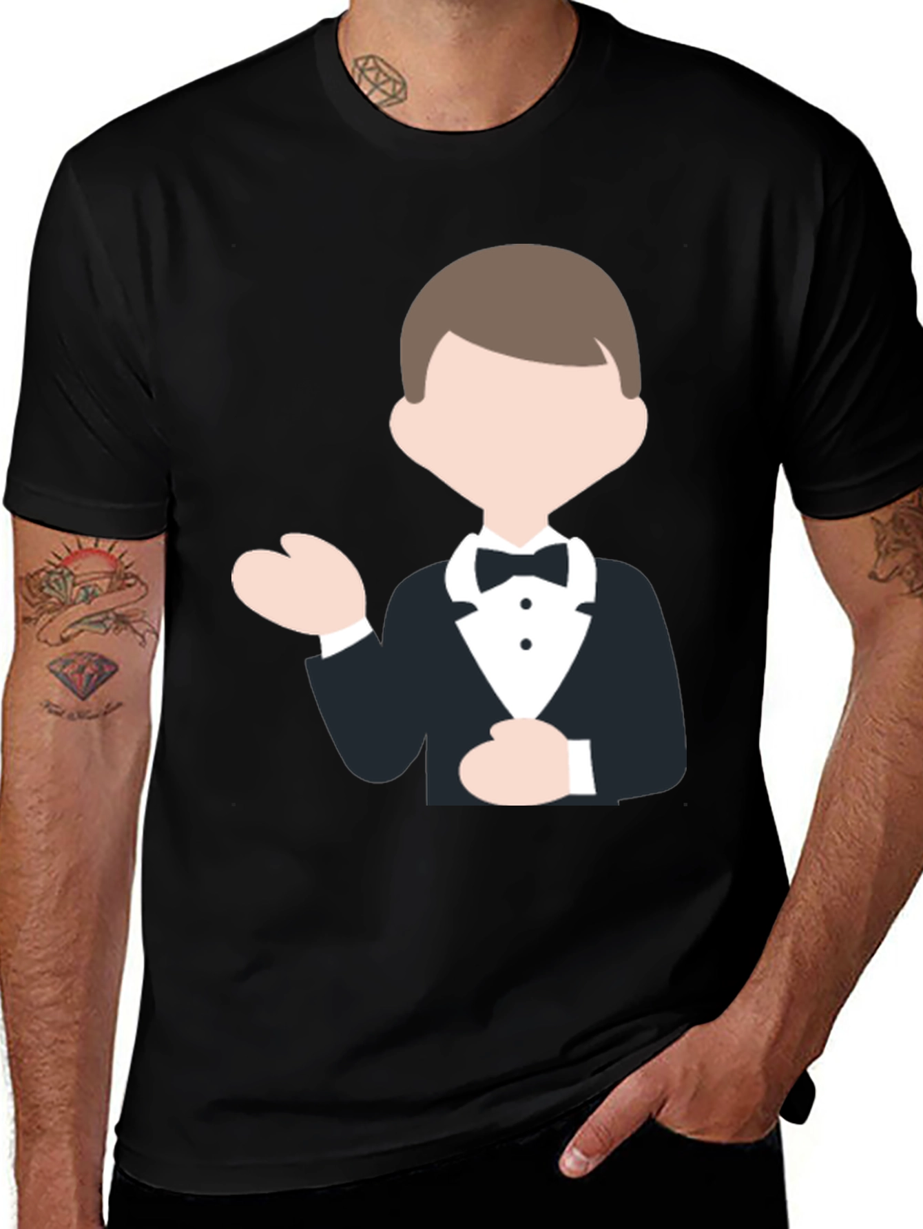 Tuxedo Cartoon Graphic Black T-Shirt