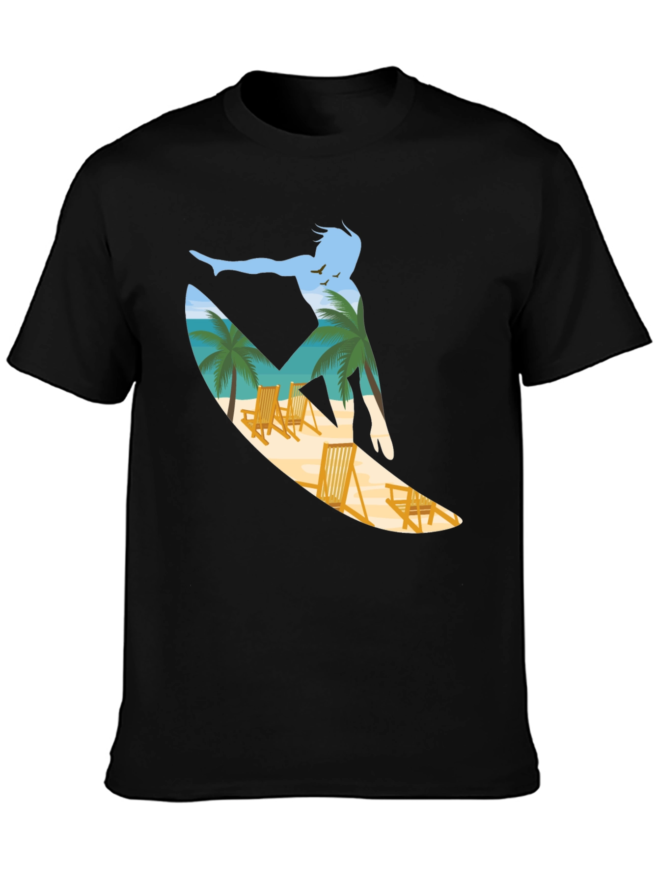 Surfer Beach Scene Graphic Tee - Black
