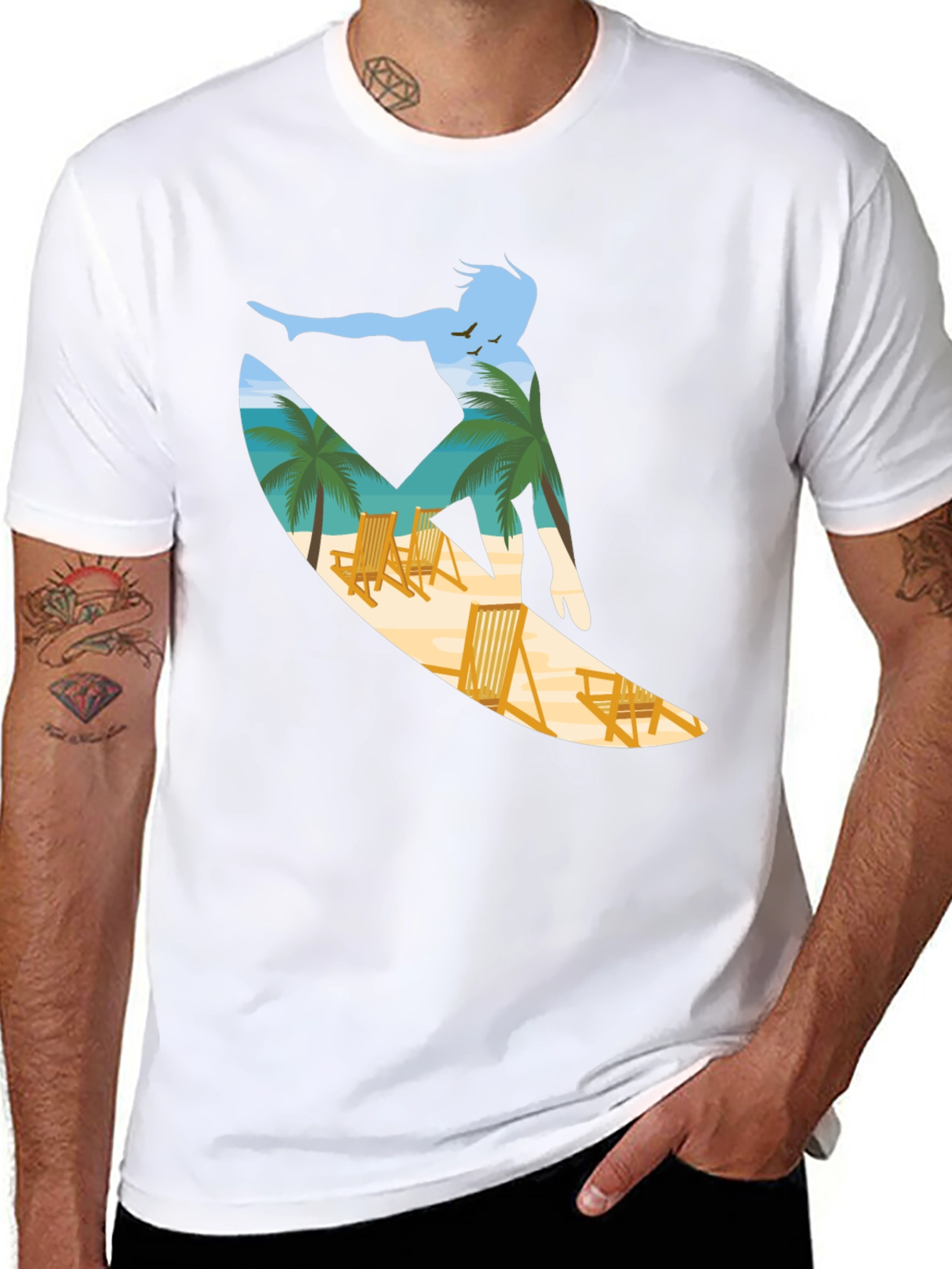 Surfer Beach Scene Graphic Tee - Black