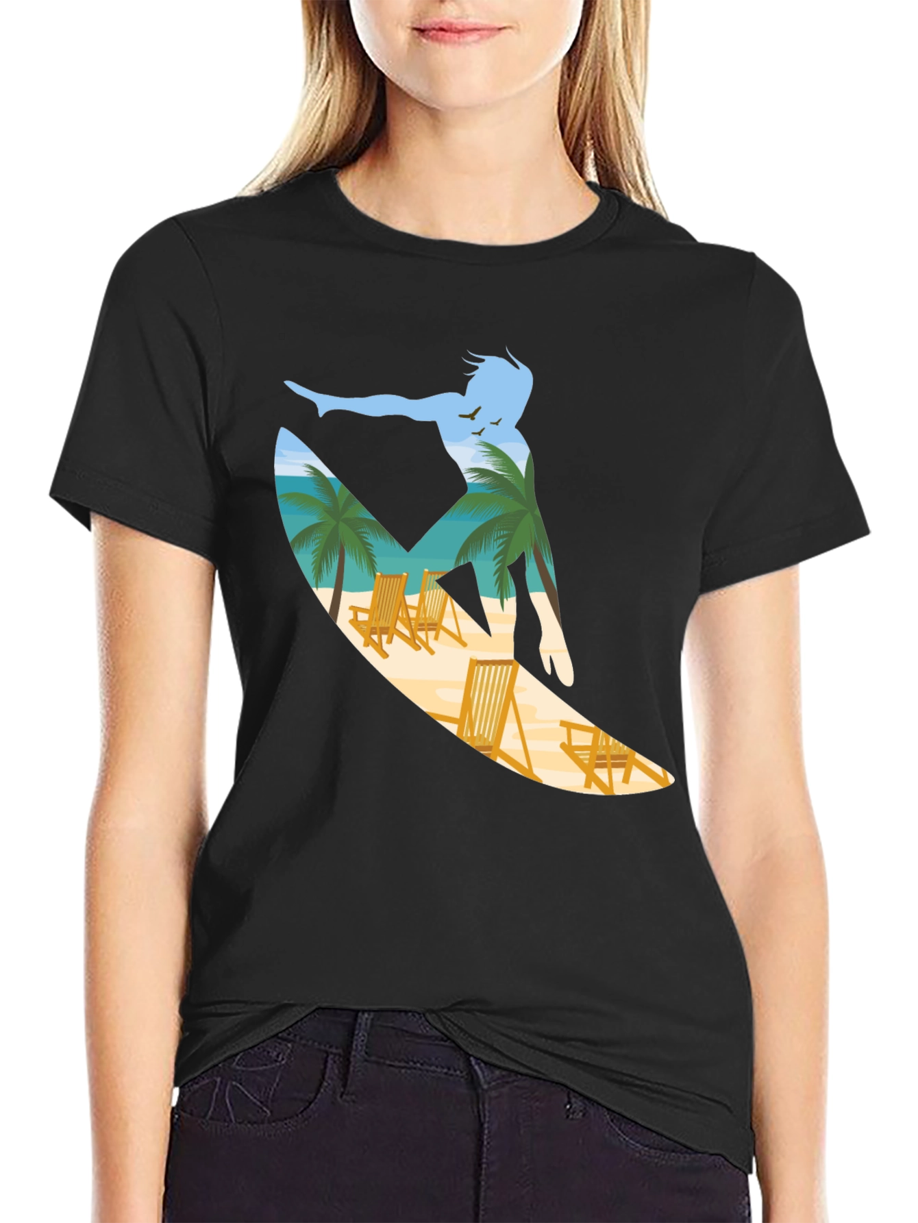 Surfer Beach Scene Graphic Tee - Black