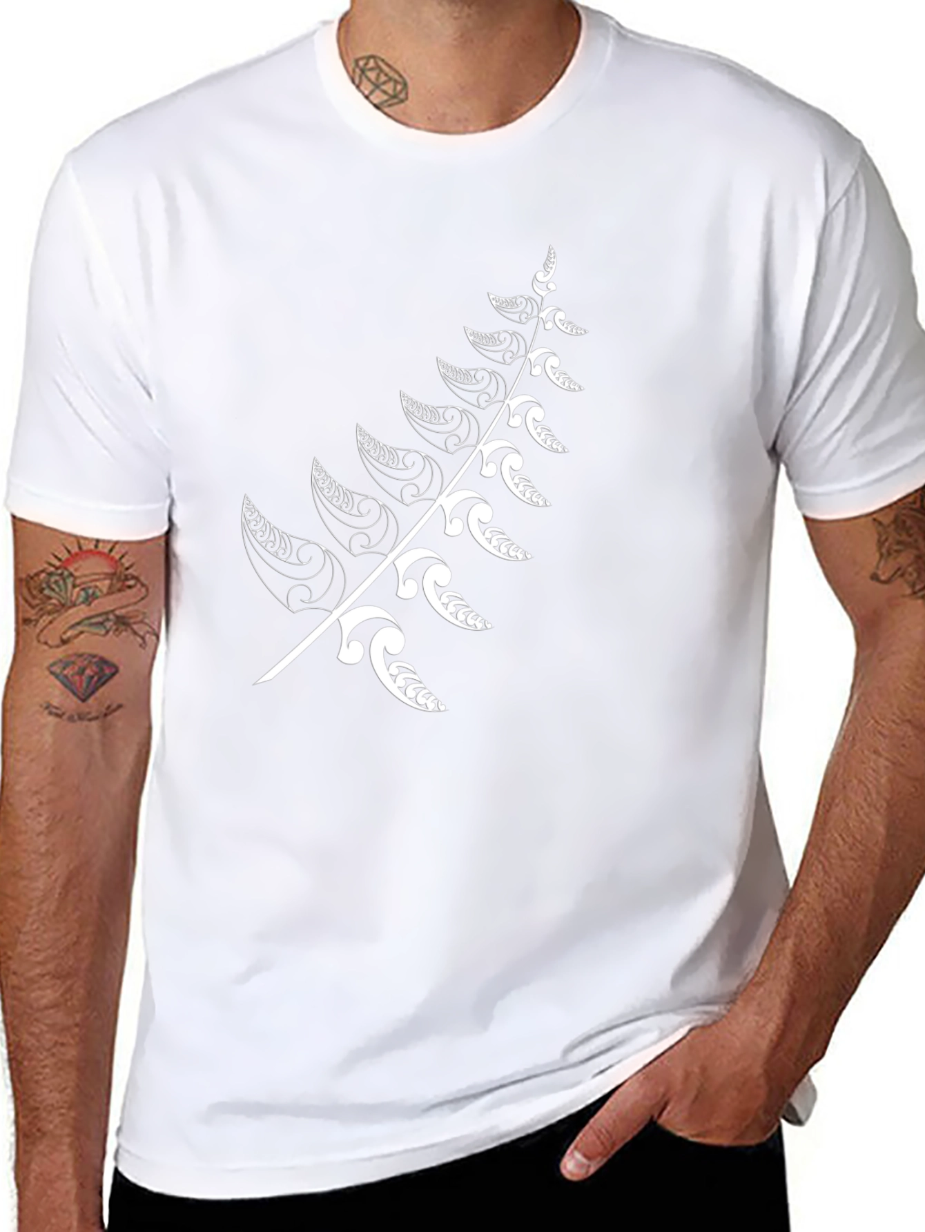 Black T-Shirt with White Fern Design