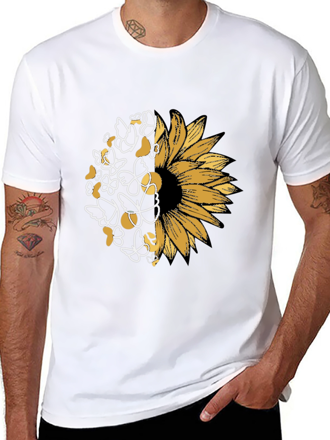 Sunflower Butterfly Graphic Black T-Shirt