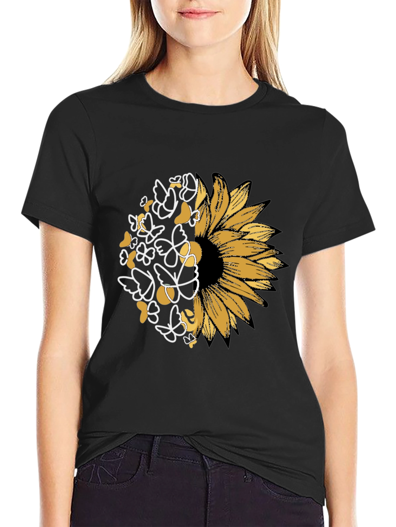 Sunflower Butterfly Graphic Black T-Shirt