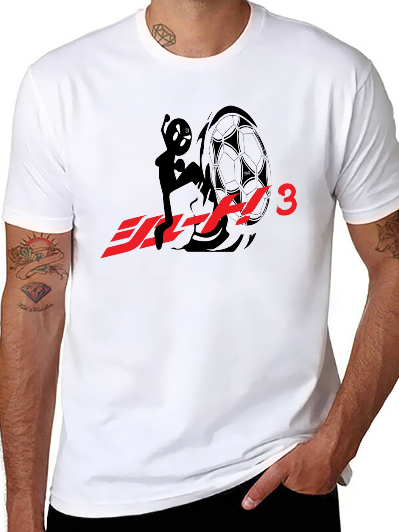 Black T-Shirt with Anime Character & Soccer Ball Graphic