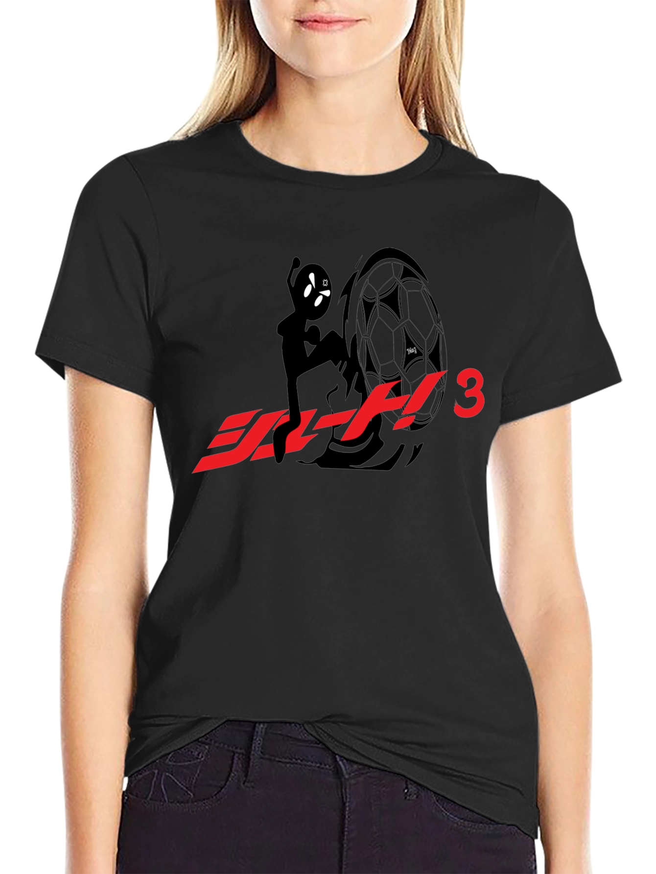 Black T-Shirt with Anime Character & Soccer Ball Graphic