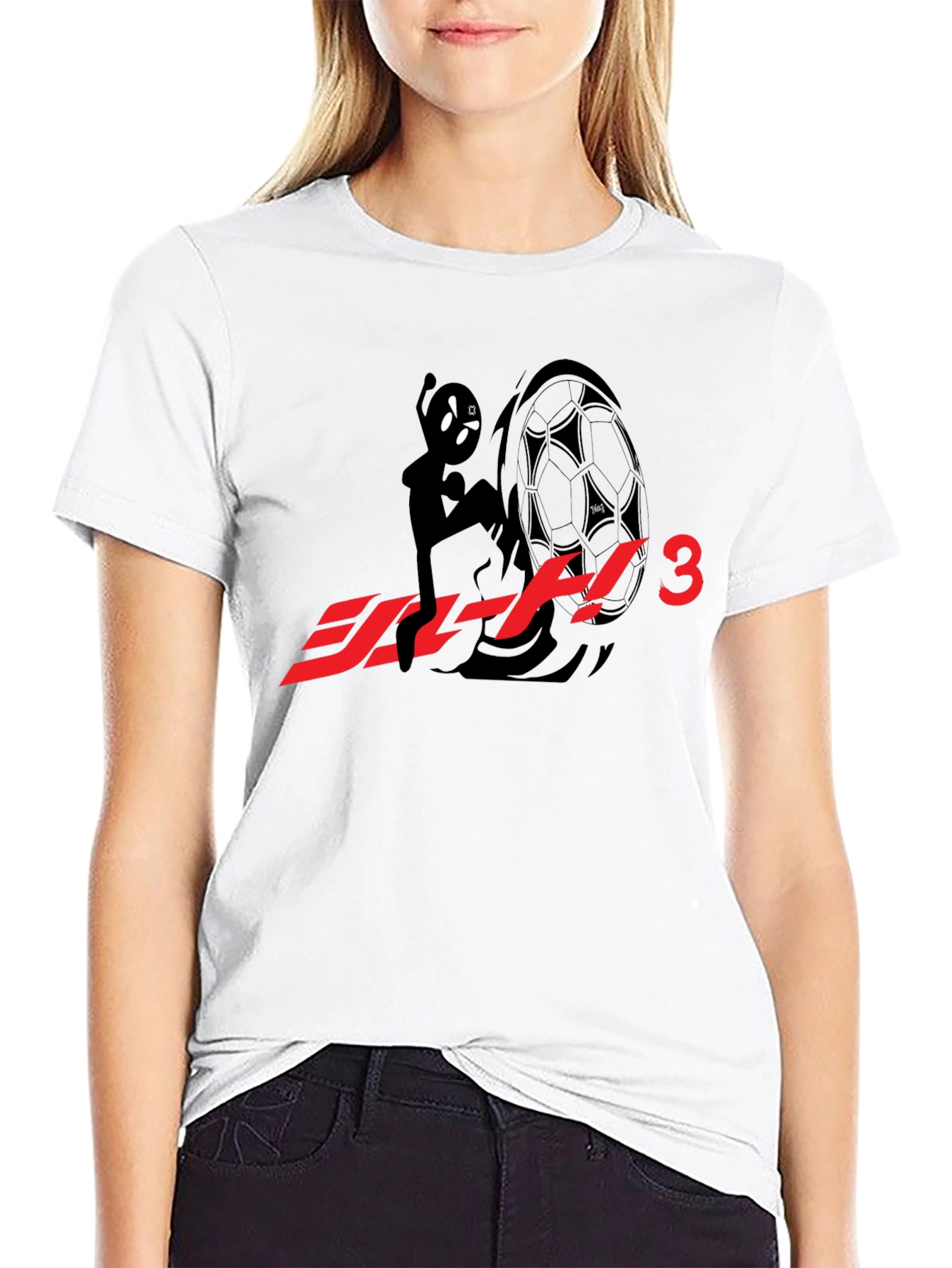 Black T-Shirt with Anime Character & Soccer Ball Graphic