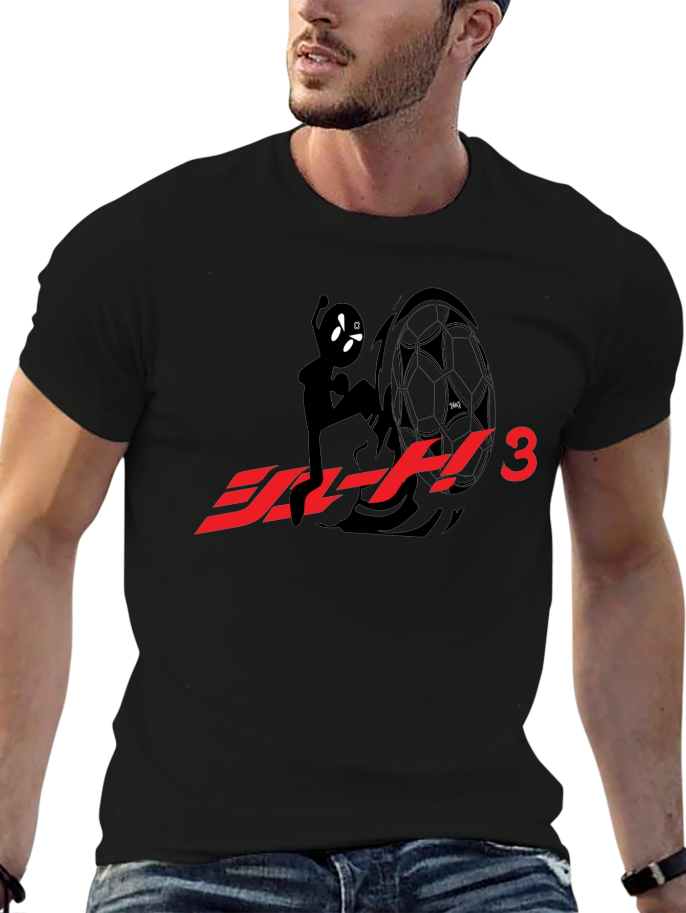 Black T-Shirt with Anime Character & Soccer Ball Graphic
