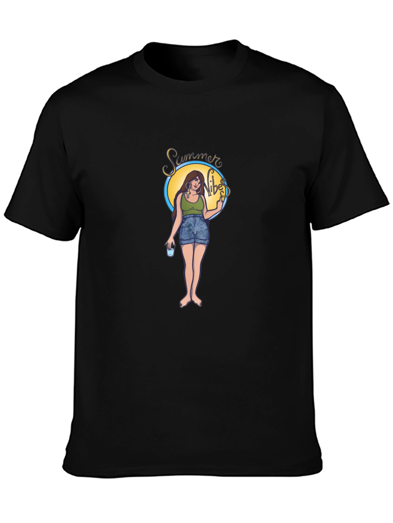 Summer Vibes Graphic Tee - Black Cotton T-Shirt