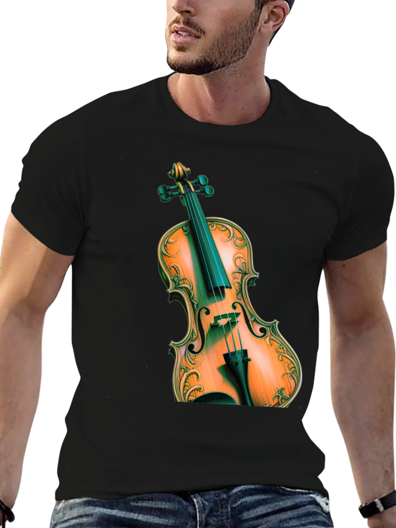 Violin Graphic Print Black T-Shirt