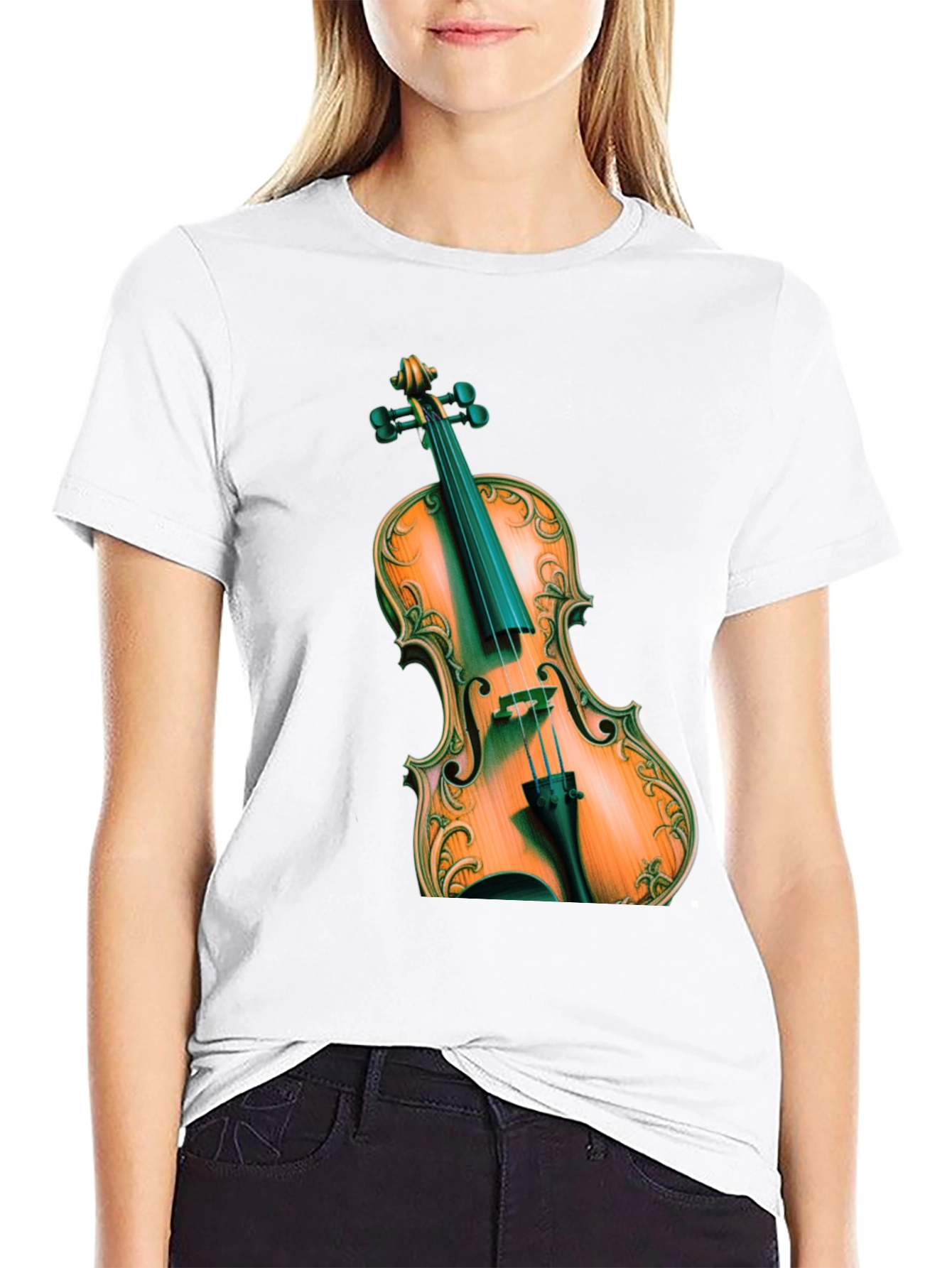 Violin Graphic Print Black T-Shirt