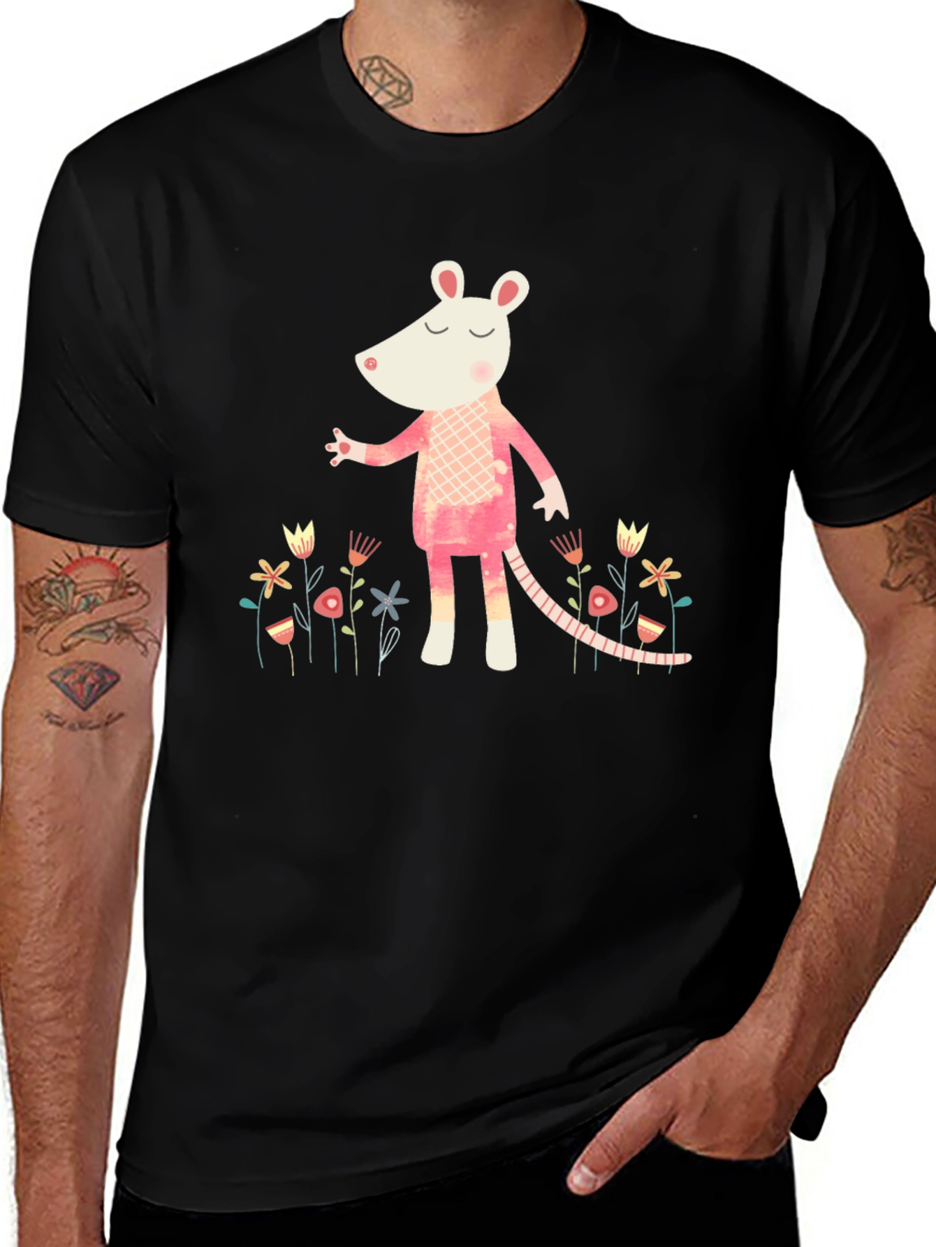 Whimsical Rat in Floral Garden Black T-Shirt