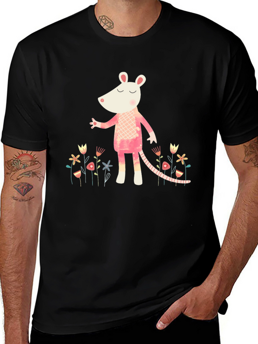 Whimsical Rat in Floral Garden Black T-Shirt
