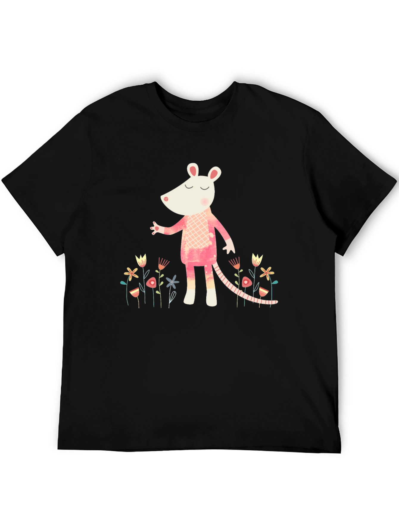 Whimsical Rat in Floral Garden Black T-Shirt
