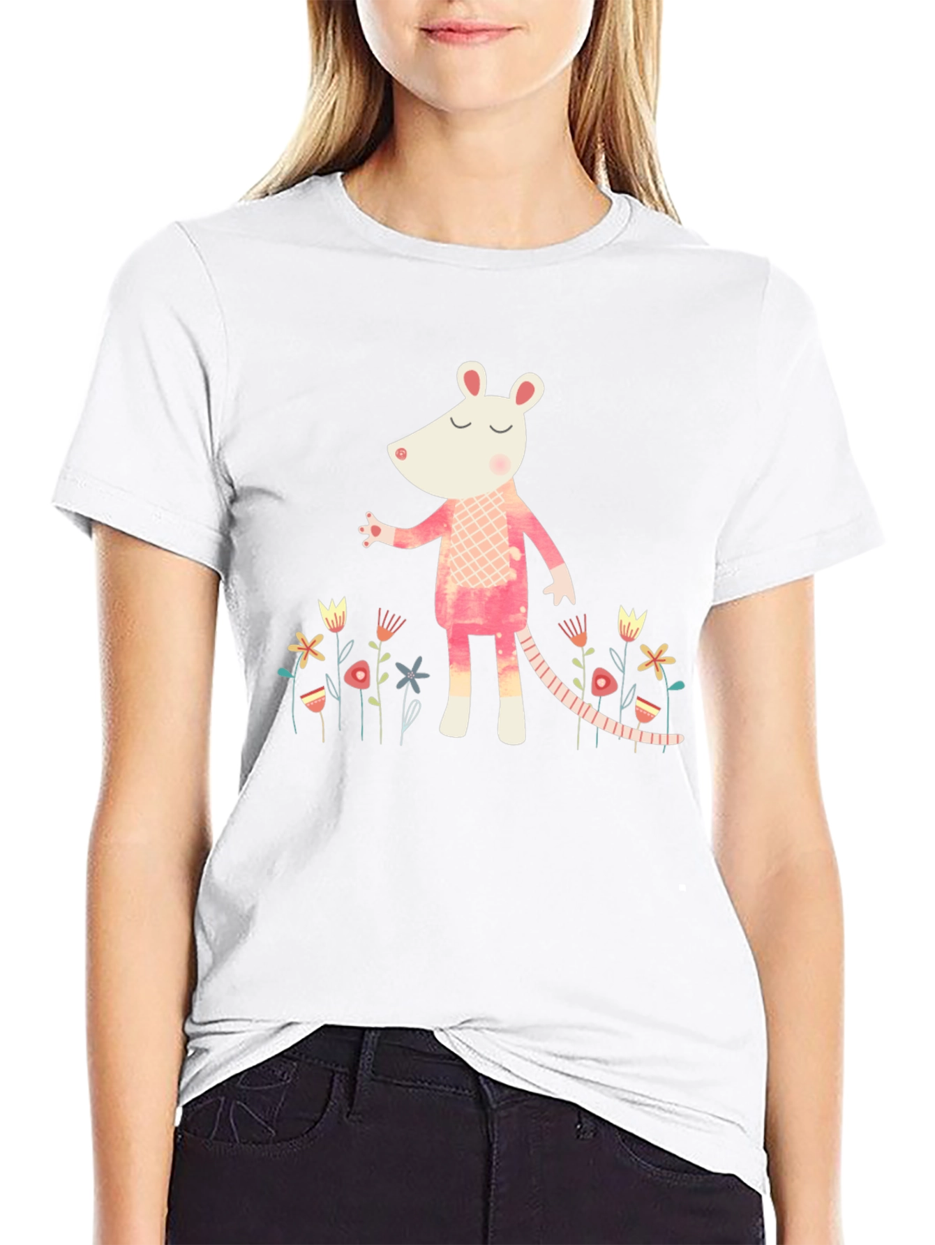 Whimsical Rat in Floral Garden Black T-Shirt