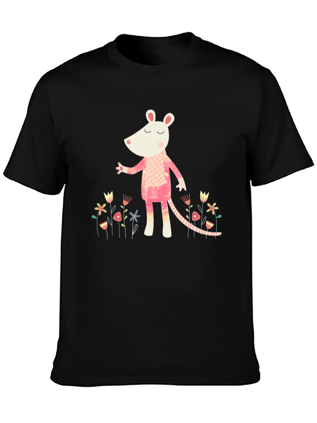 Whimsical Rat in Floral Garden Black T-Shirt