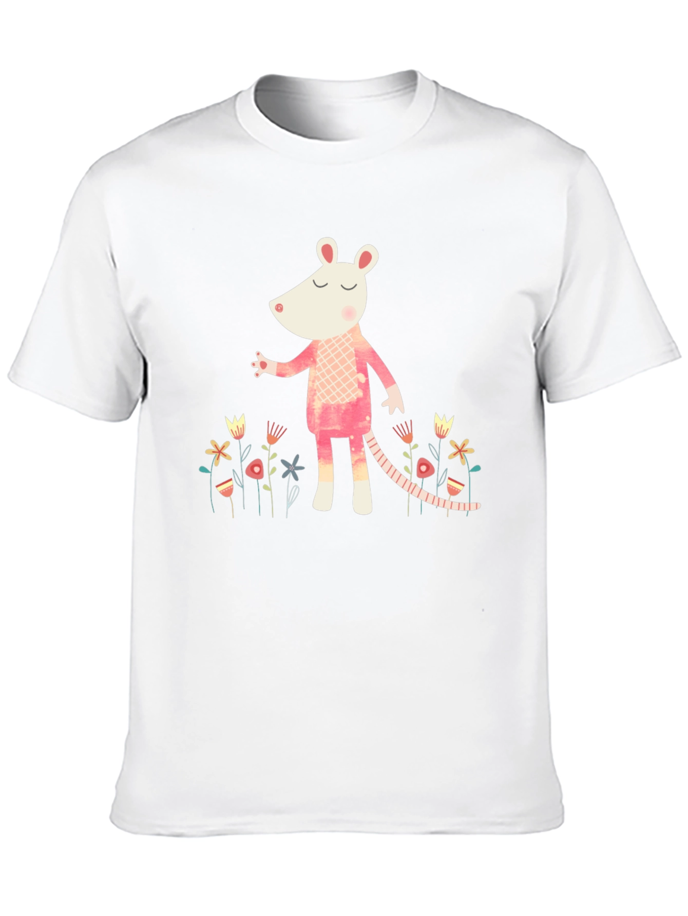 Whimsical Rat in Floral Garden Black T-Shirt