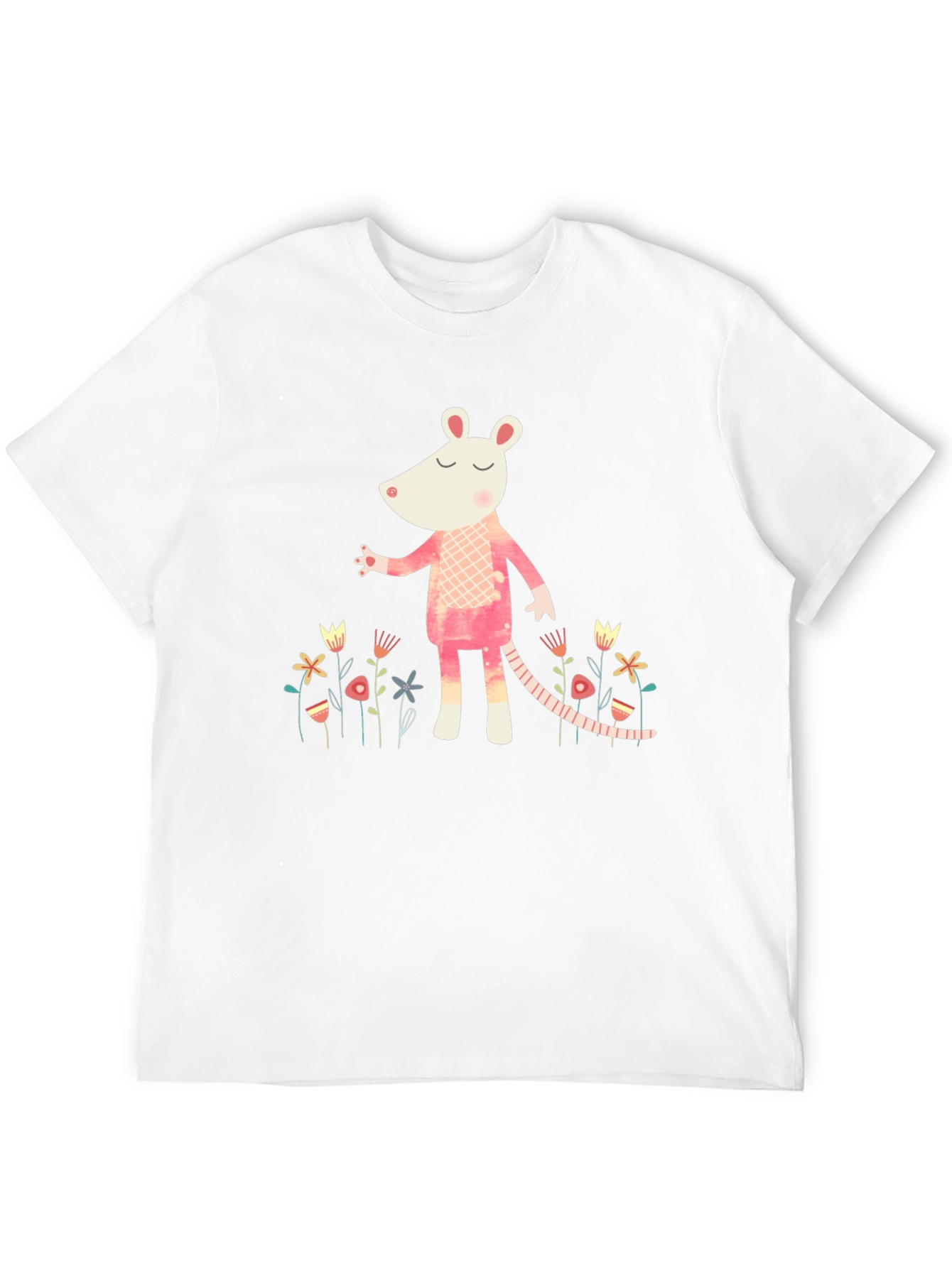 Whimsical Rat in Floral Garden Black T-Shirt