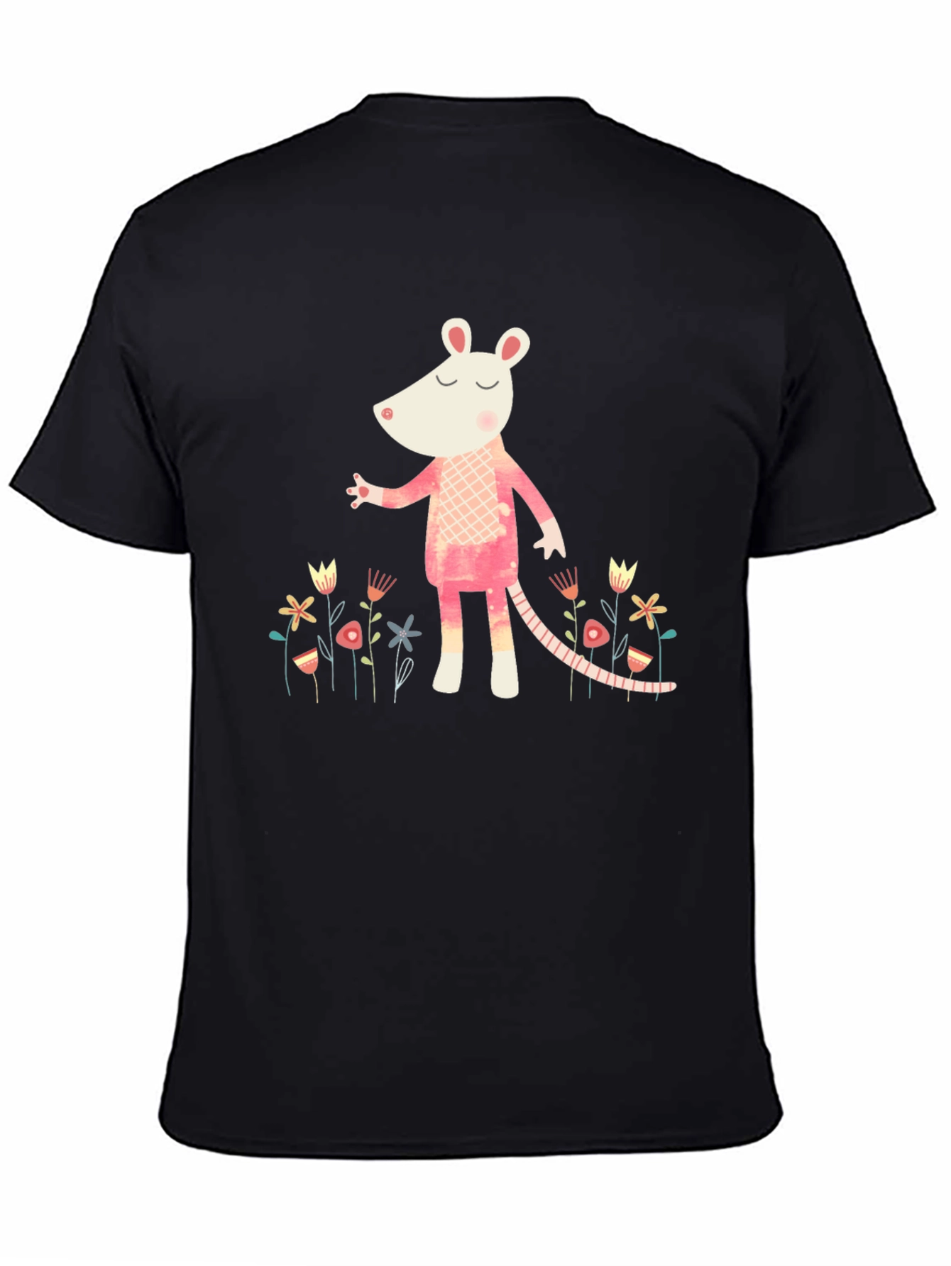 Whimsical Rat in Floral Garden Black T-Shirt