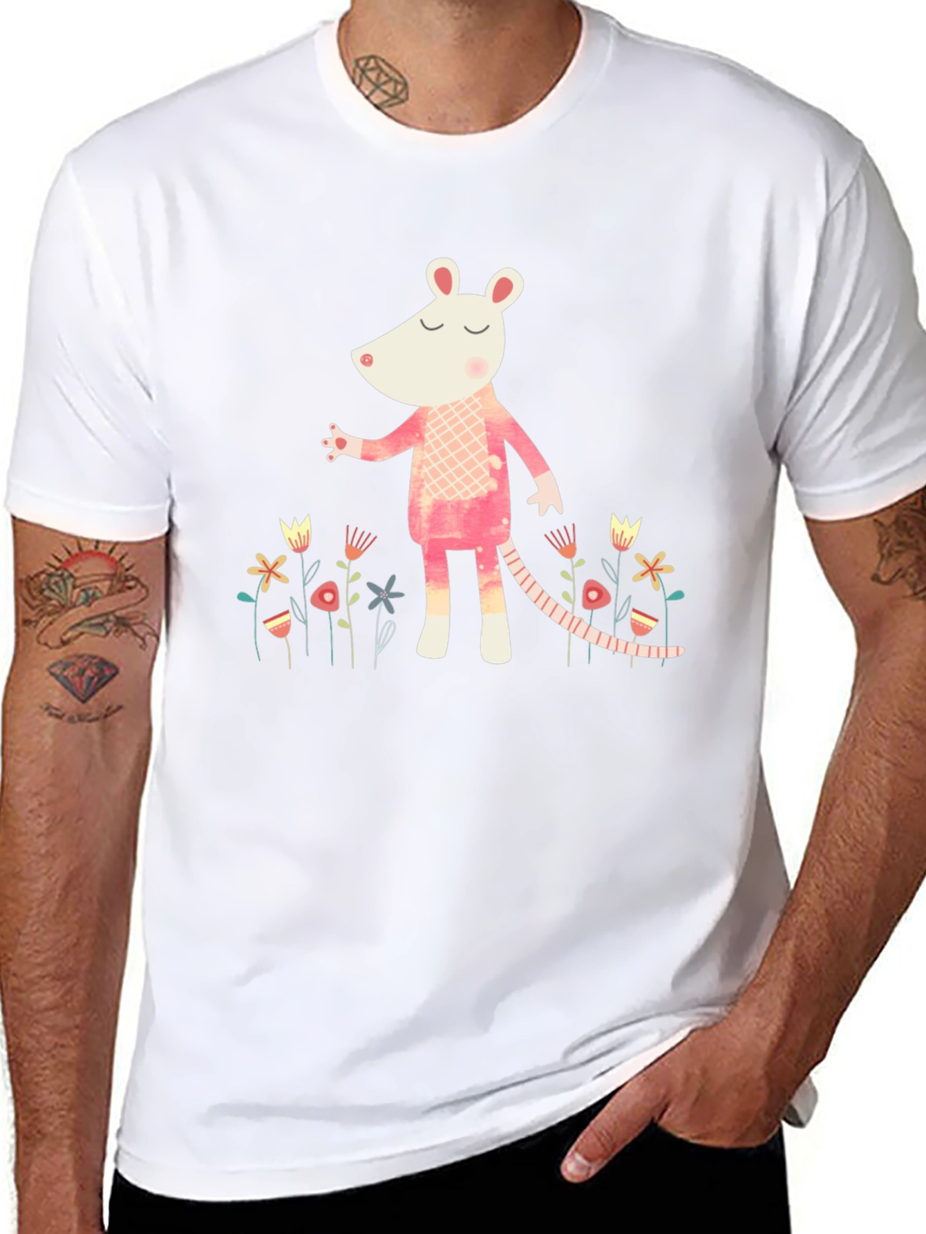 Whimsical Rat in Floral Garden Black T-Shirt