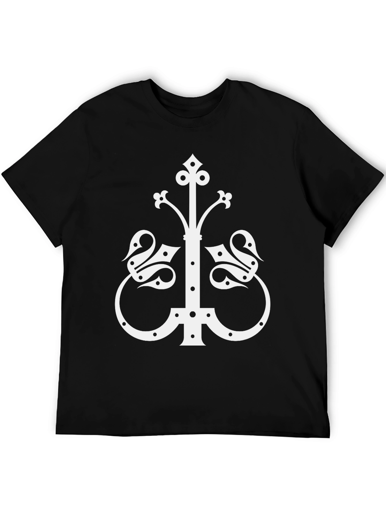 Unique White Gothic Cross Design on Black T-Shirt