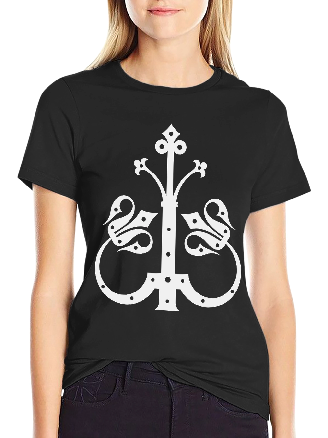 Unique White Gothic Cross Design on Black T-Shirt