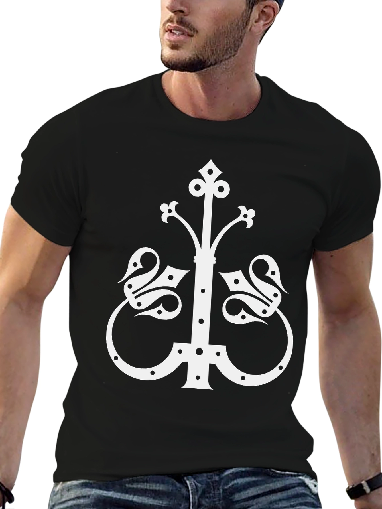 Unique White Gothic Cross Design on Black T-Shirt