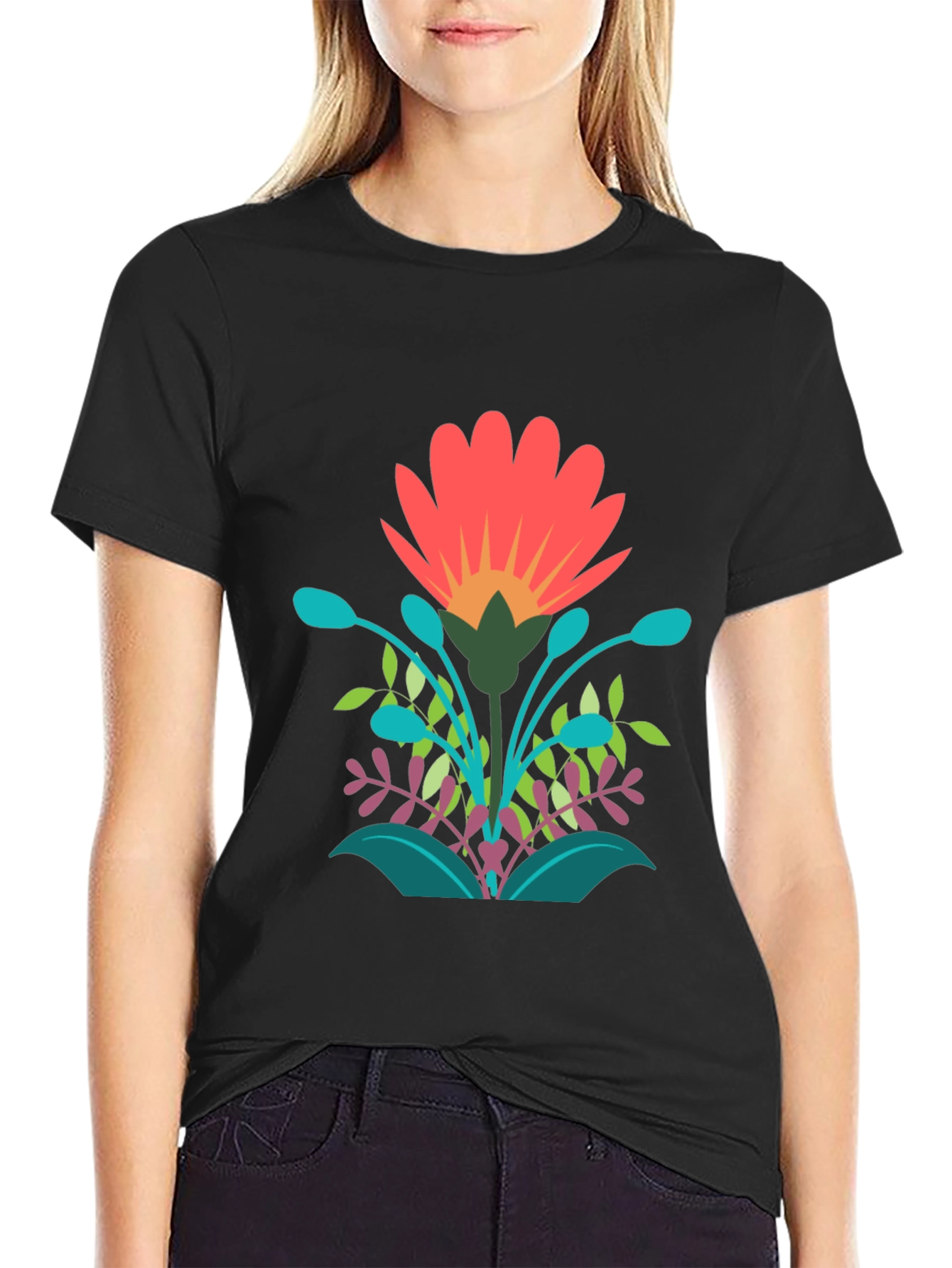 Vibrant Floral Graphic Print Black T-Shirt