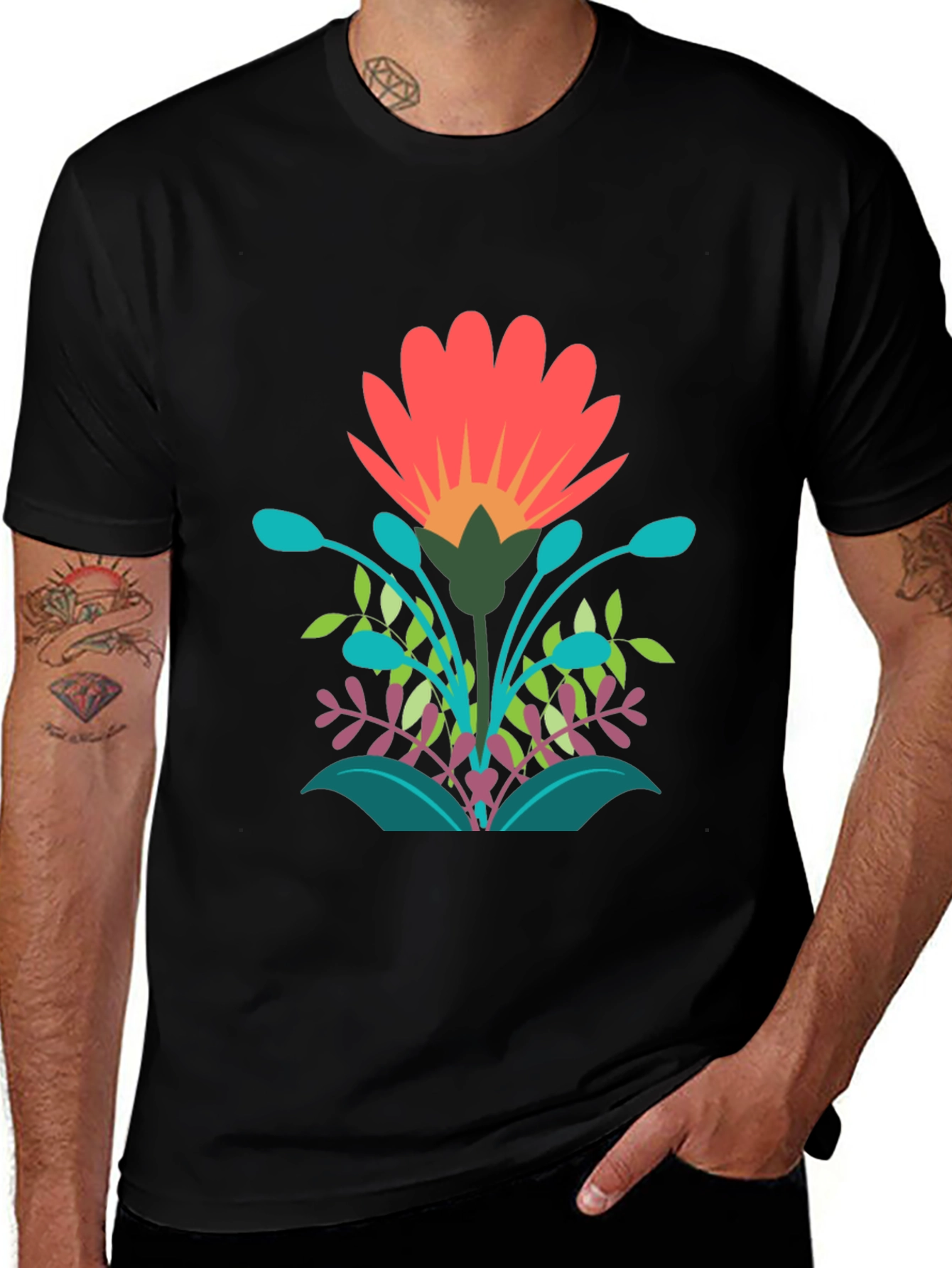 Vibrant Floral Graphic Print Black T-Shirt