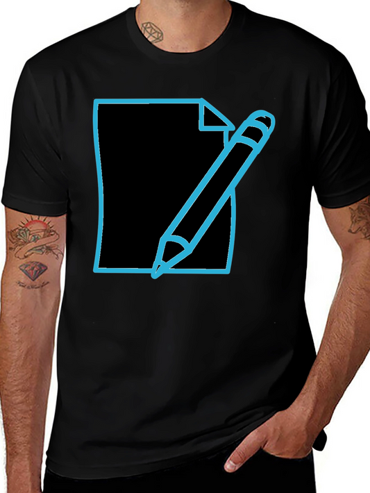 Write On! Mens Black T-Shirt with Pen & Paper Graphic