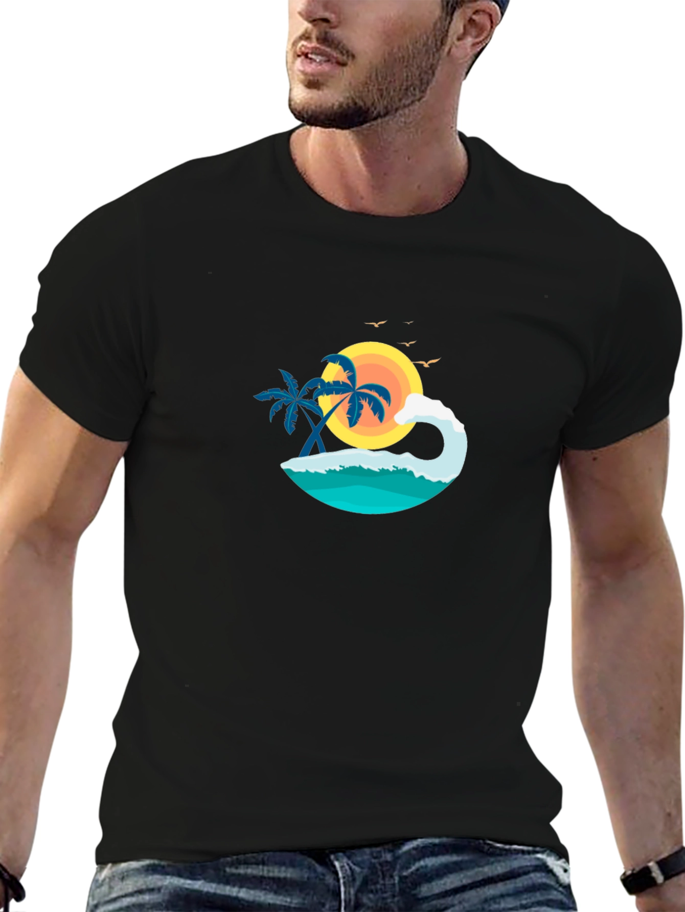 Tropical Beach Scene Graphic Black T-Shirt